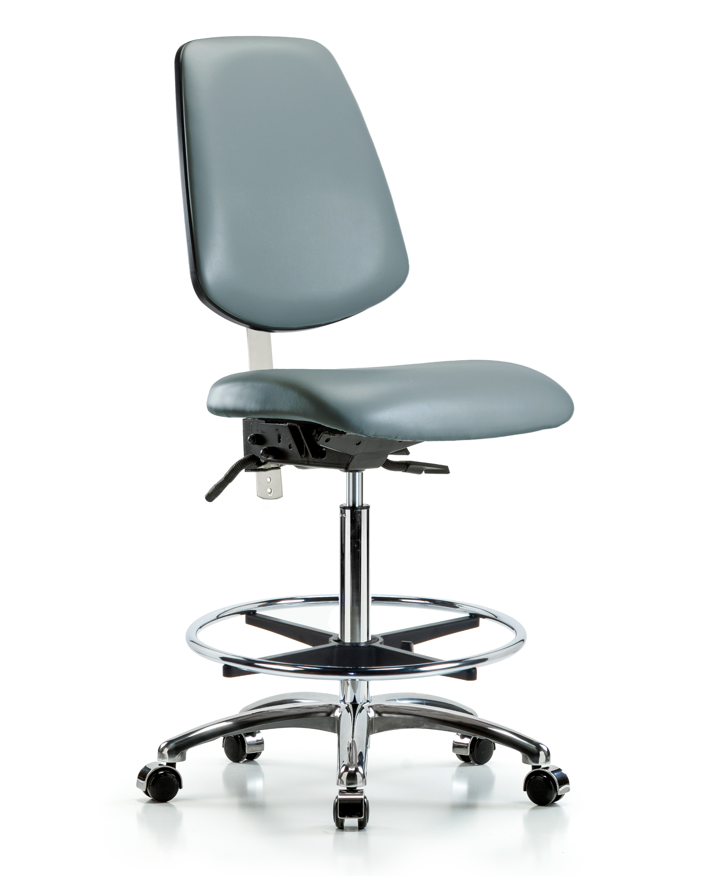 Class 100 Vinyl Clean Room Chair - High Bench Height with Medium Back, Seat Tilt, Chrome Foot Ring, & Casters in Storm Supernova Vinyl