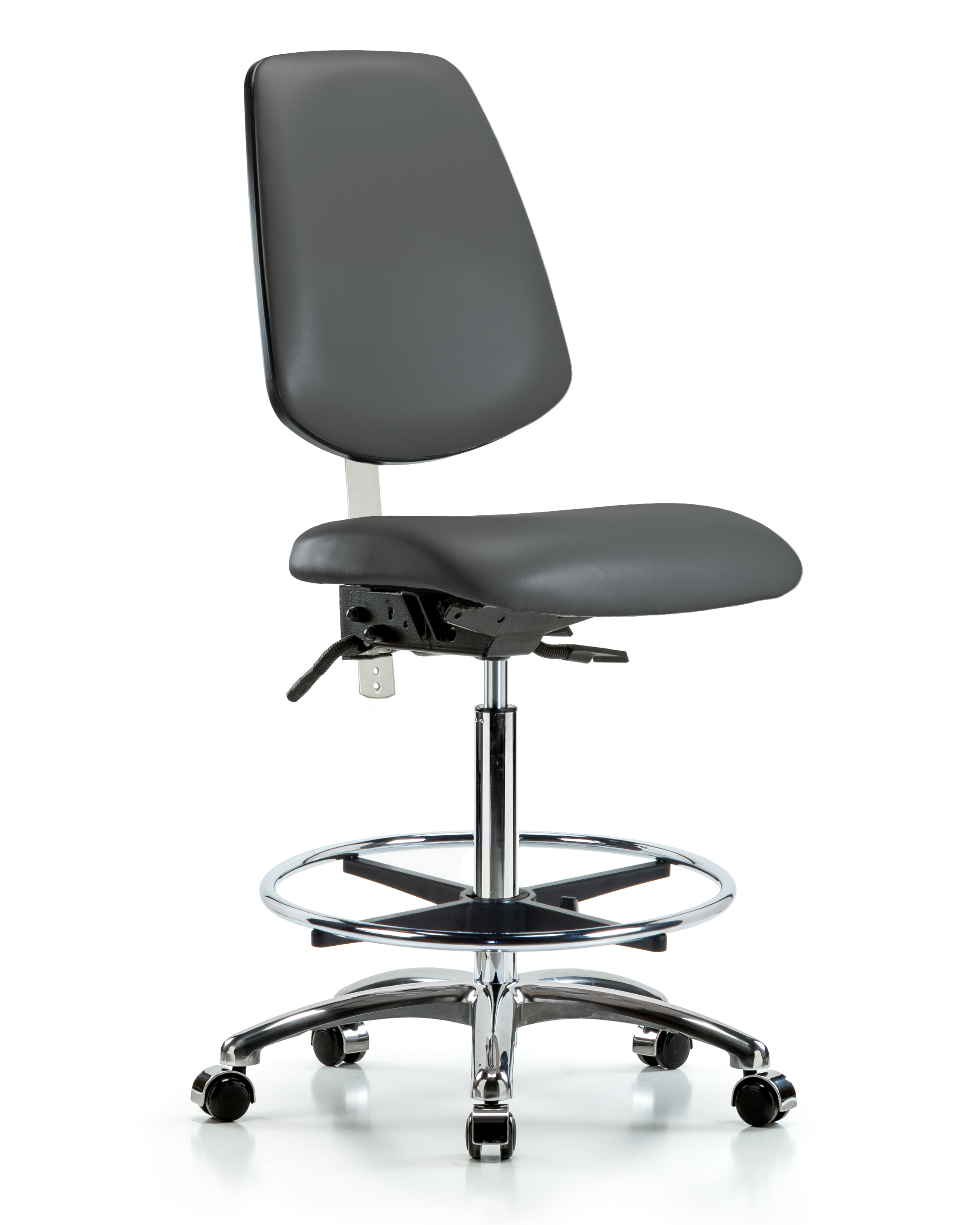 Class 100 Vinyl Clean Room Chair - High Bench Height with Medium Back, Seat Tilt, Chrome Foot Ring, & Casters in Storm Supernova Vinyl