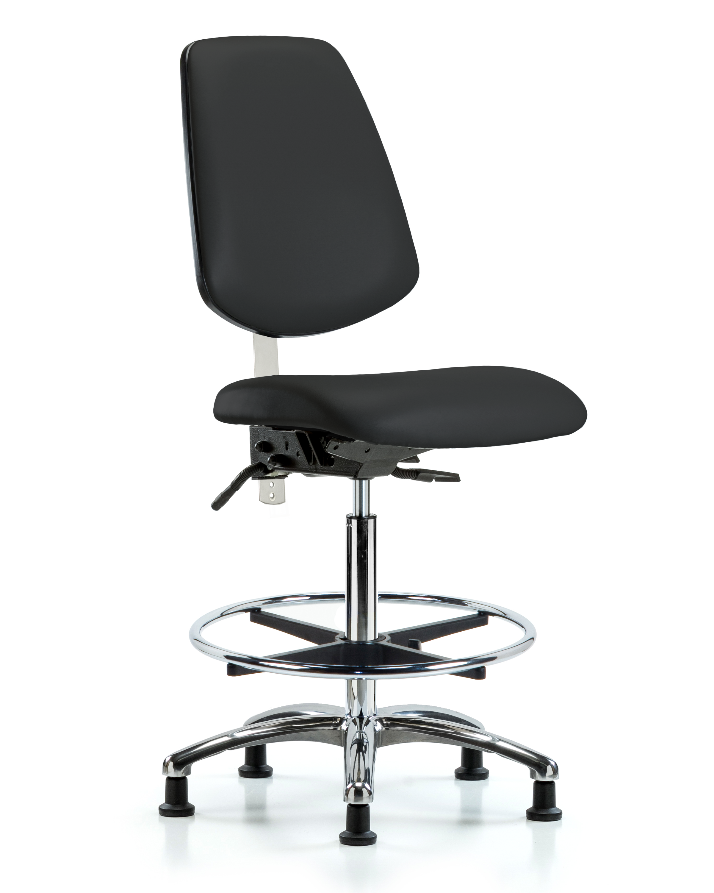 Class 100 Vinyl Clean Room Chair - High Bench Height with Medium Back, Seat Tilt, Chrome Foot Ring, & Stationary Glides in Black Trailblazer Vinyl