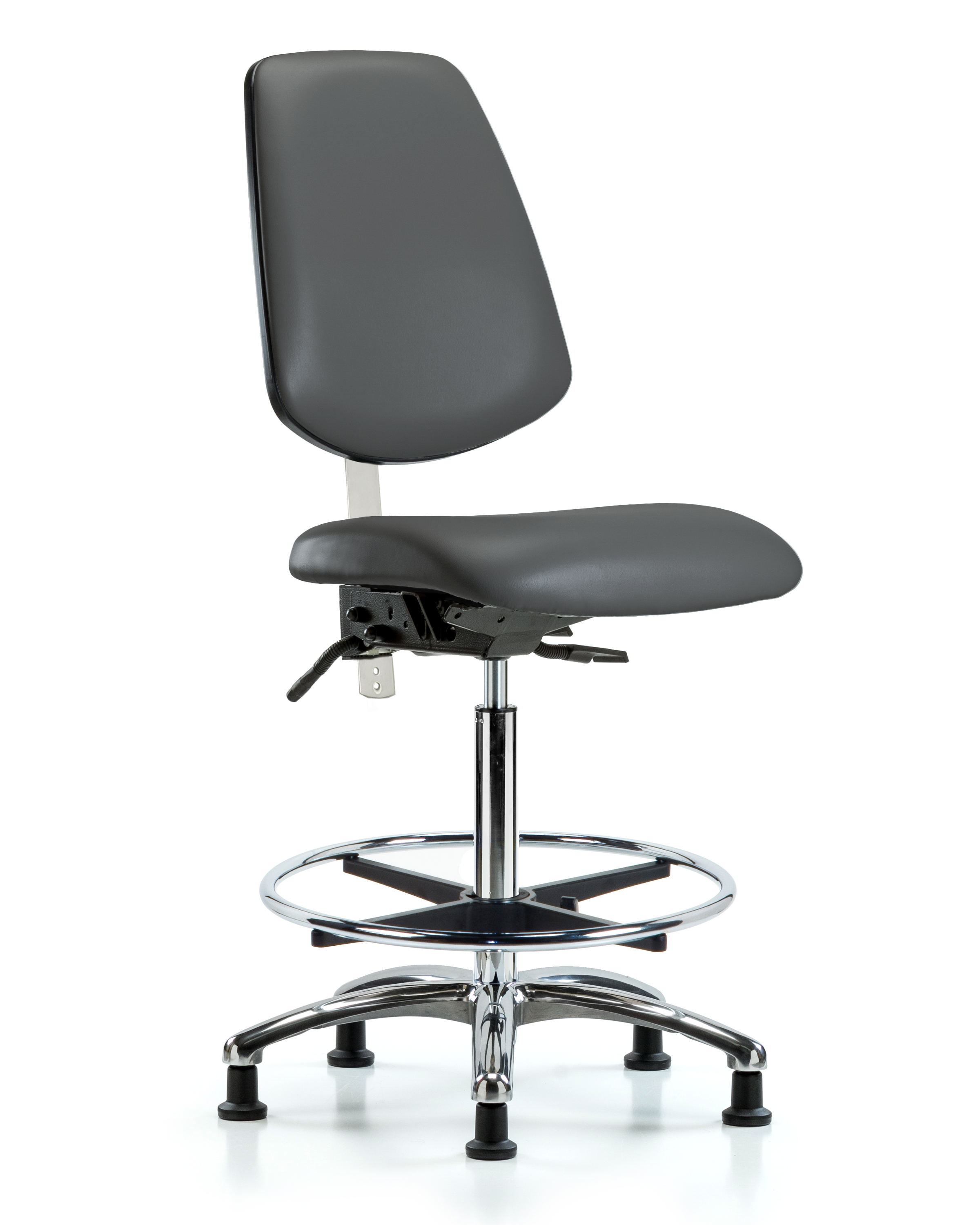 Class 100 Vinyl Clean Room Chair - High Bench Height with Medium Back, Seat Tilt, Chrome Foot Ring, & Stationary Glides in Storm Supernova Vinyl