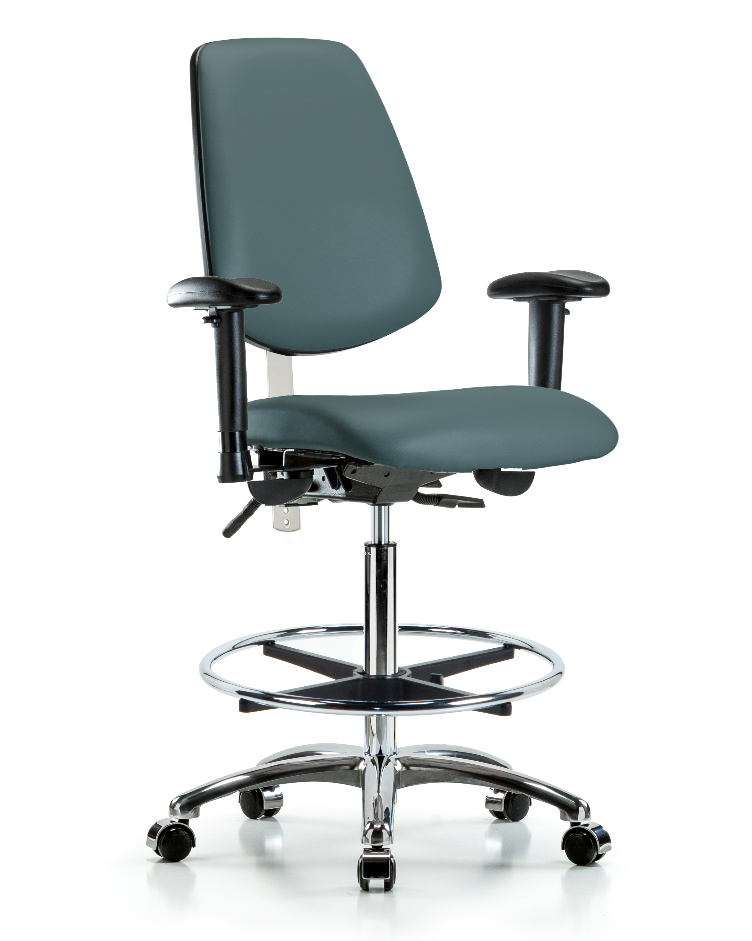Class 100 Vinyl Clean Room Chair - High Bench Height with Medium Back, Seat Tilt, Adjustable Arms, Chrome Foot Ring, & Casters in Black Trailblazer Vinyl