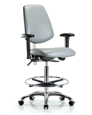 Class 100 Vinyl Clean Room Chair - High Bench Height with Medium Back, Seat Tilt, Adjustable Arms, Chrome Foot Ring, & Casters in Dove Trailblazer Vinyl