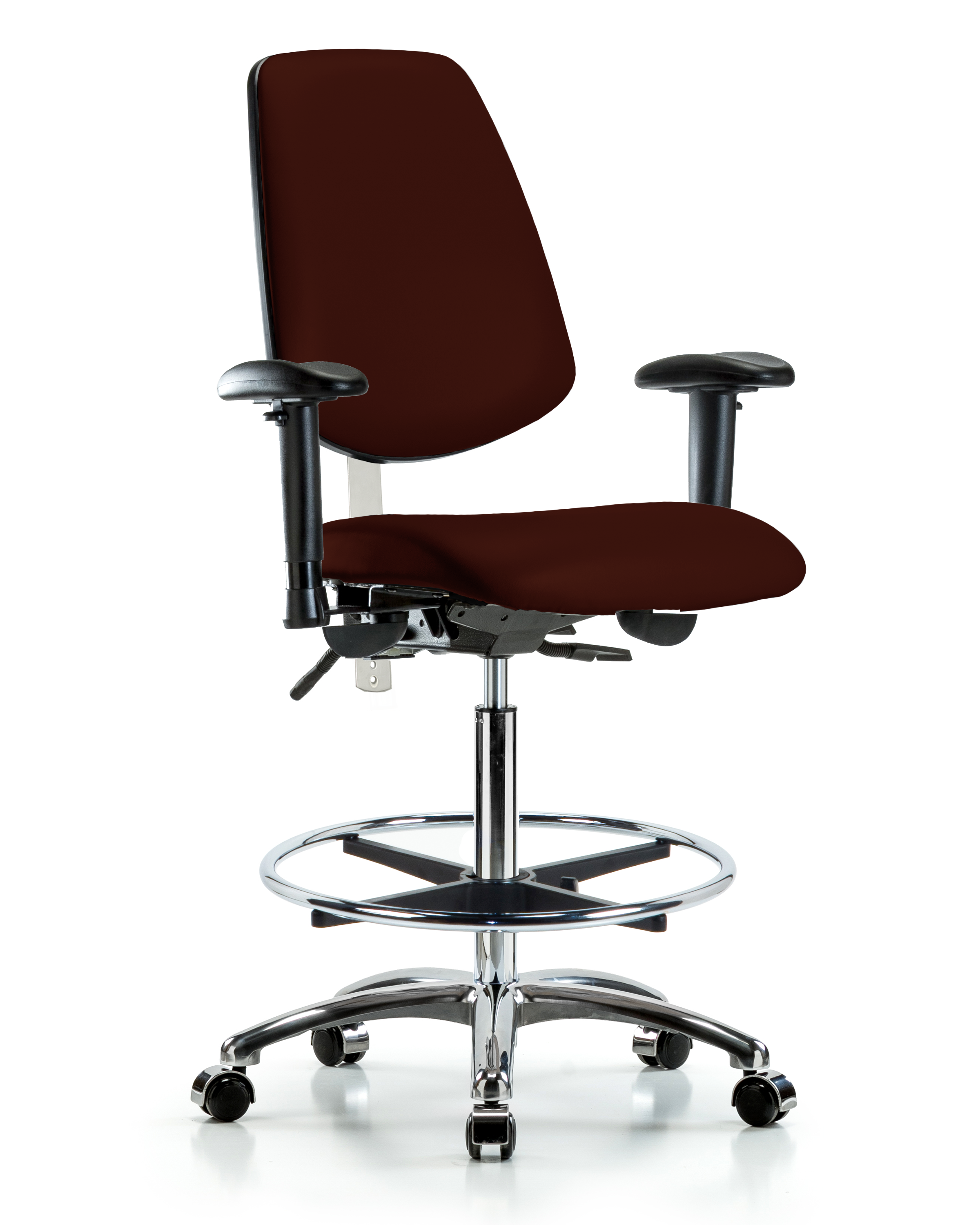 Class 100 Vinyl Clean Room Chair - High Bench Height with Medium Back, Seat Tilt, Adjustable Arms, Chrome Foot Ring, & Casters in Dove Trailblazer Vinyl