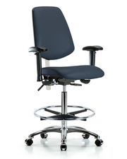 CL100 Vinyl Clean Room Chair - High Bench Height with Medium Back, Seat Tilt, Adjustable Arms, Chrome Foot Ring, & Casters in Imperial Blue Trailblazer Vinyl