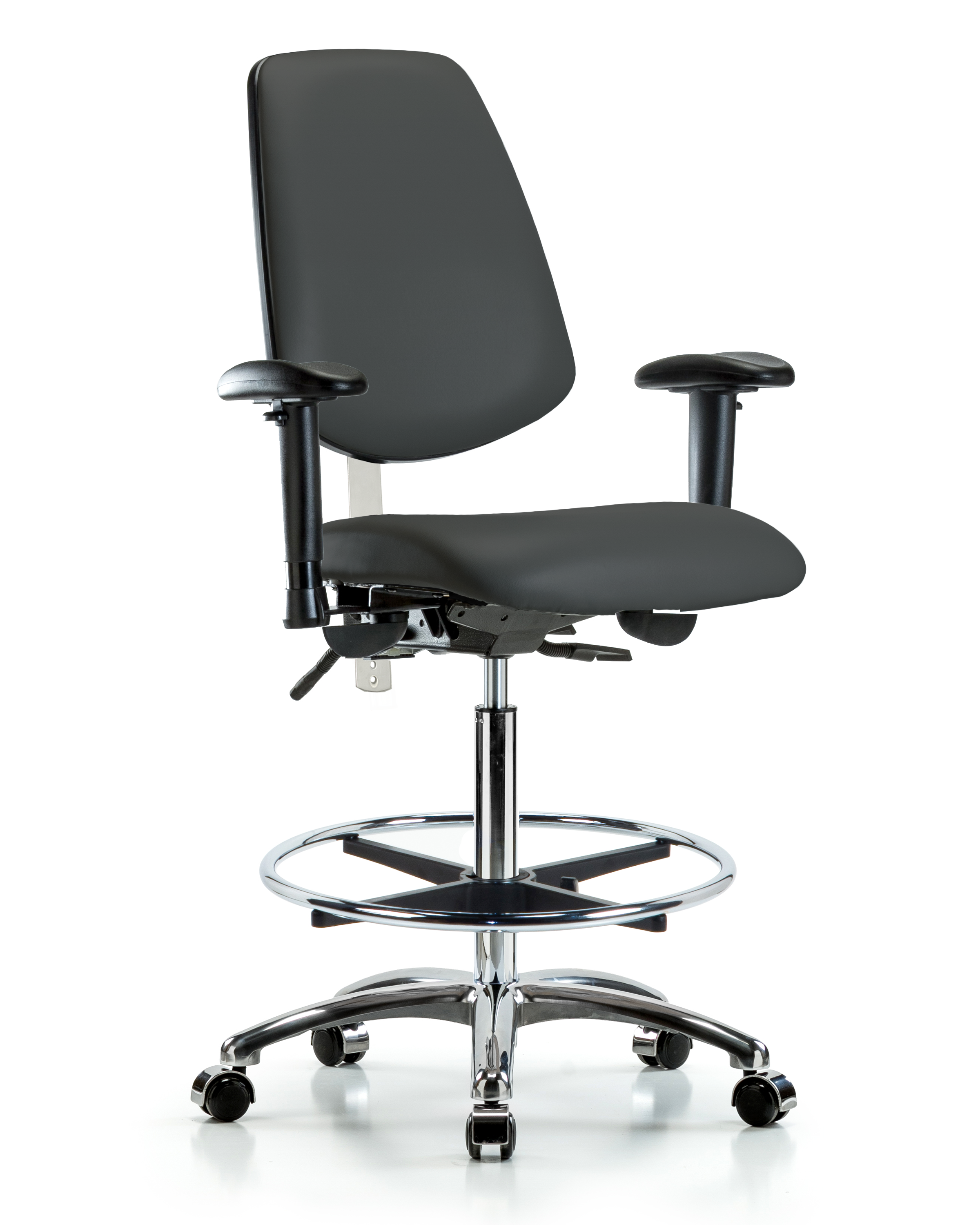 Class 100 Vinyl Clean Room Chair - High Bench Height with Medium Back, Seat Tilt, Adjustable Arms, Chrome Foot Ring, & Casters in Charcoal Trailblazer Vinyl