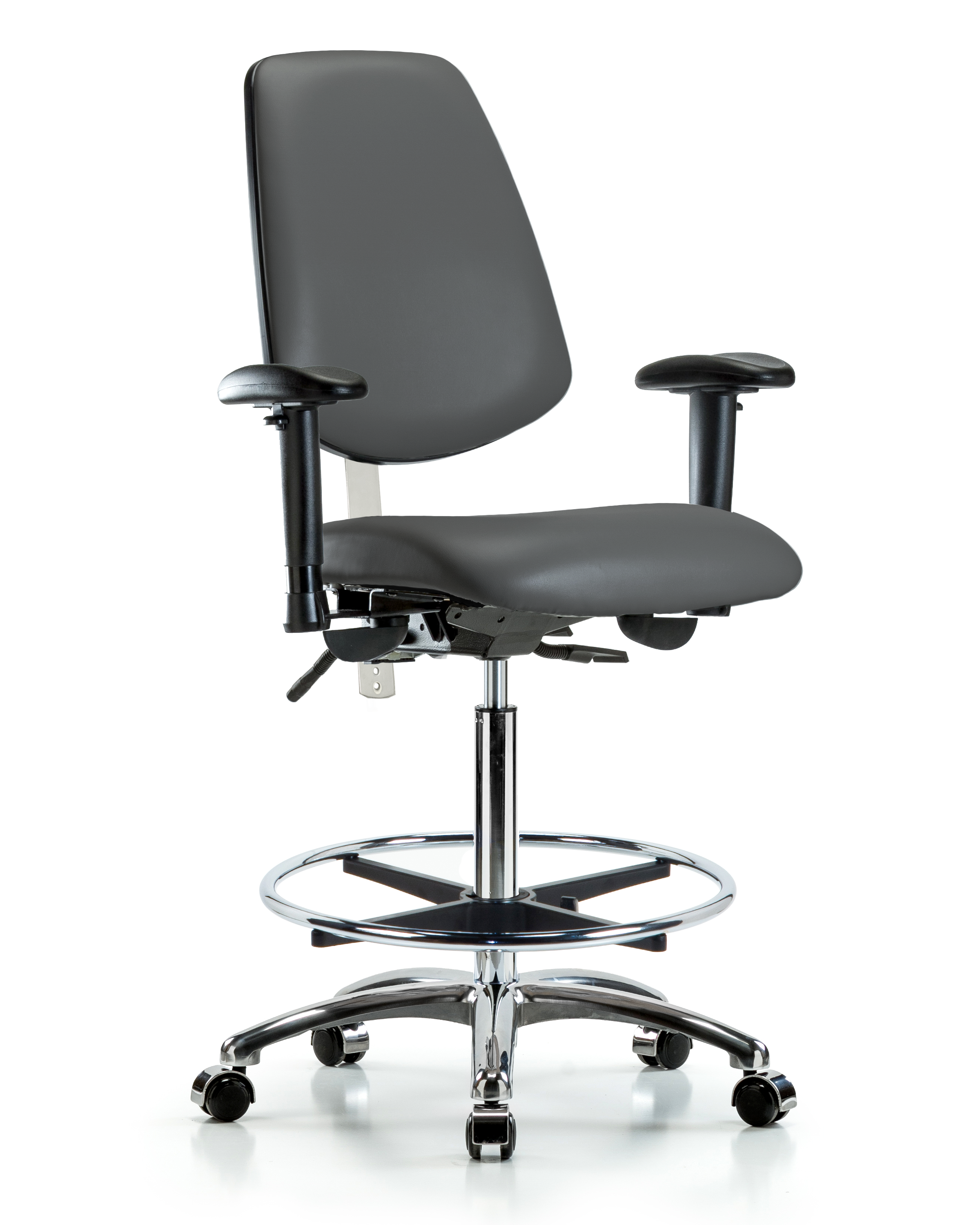 Class 100 Vinyl Clean Room Chair - High Bench Height with Medium Back, Seat Tilt, Adjustable Arms, Chrome Foot Ring, & Casters in Storm Supernova Vinyl