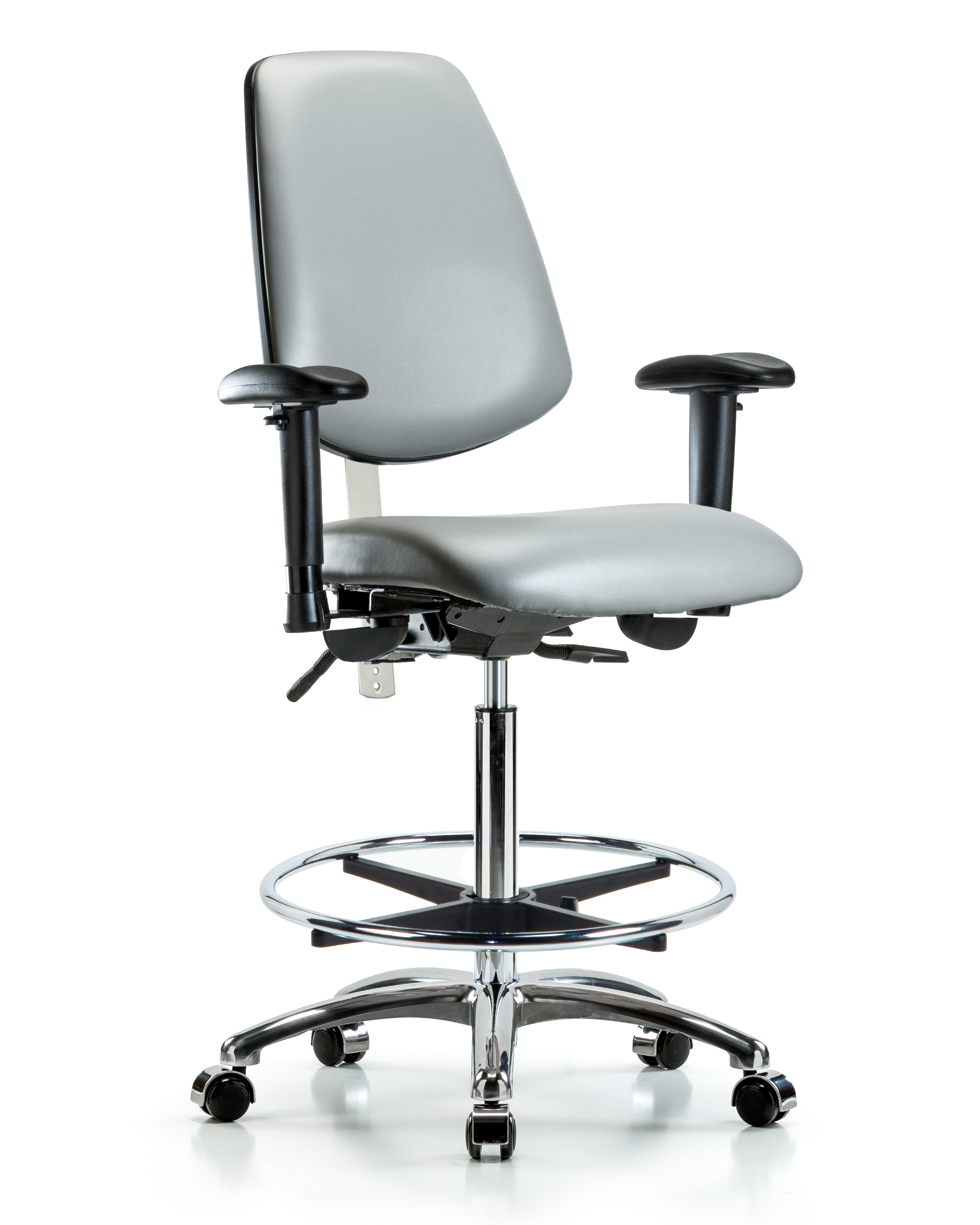Class 100 Vinyl Clean Room Chair - High Bench Height with Medium Back, Seat Tilt, Adjustable Arms, Chrome Foot Ring, & Casters in Sterling Supernova Vinyl