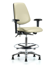 CL100 Vinyl Clean Room Chair - High Bench Height with Medium Back, Seat Tilt, Adj Arms, Chrome Foot Ring, & Stationary Glides in Adobe White Trailblazer Vinyl