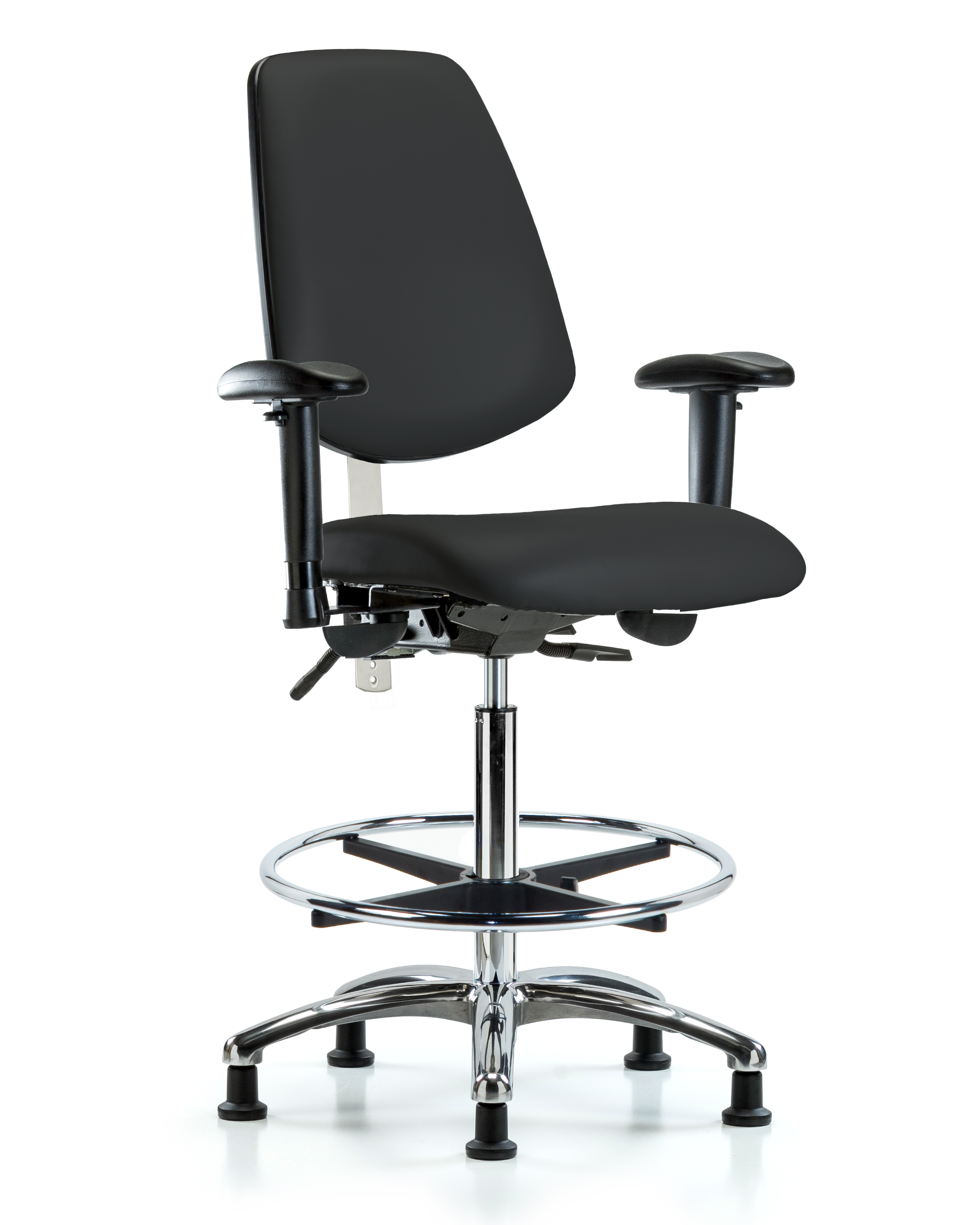CL100 Vinyl Clean Room Chair - High Bench Height with Medium Back, Seat Tilt, Adjustable Arms, Chrome Foot Ring, & Stationary Glides in Black Trailblazer Vinyl