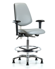 CL100 Vinyl Clean Room Chair - High Bench Height with Medium Back, Seat Tilt, Adjustable Arms, Chrome Foot Ring, & Stationary Glides in Dove Trailblazer Vinyl