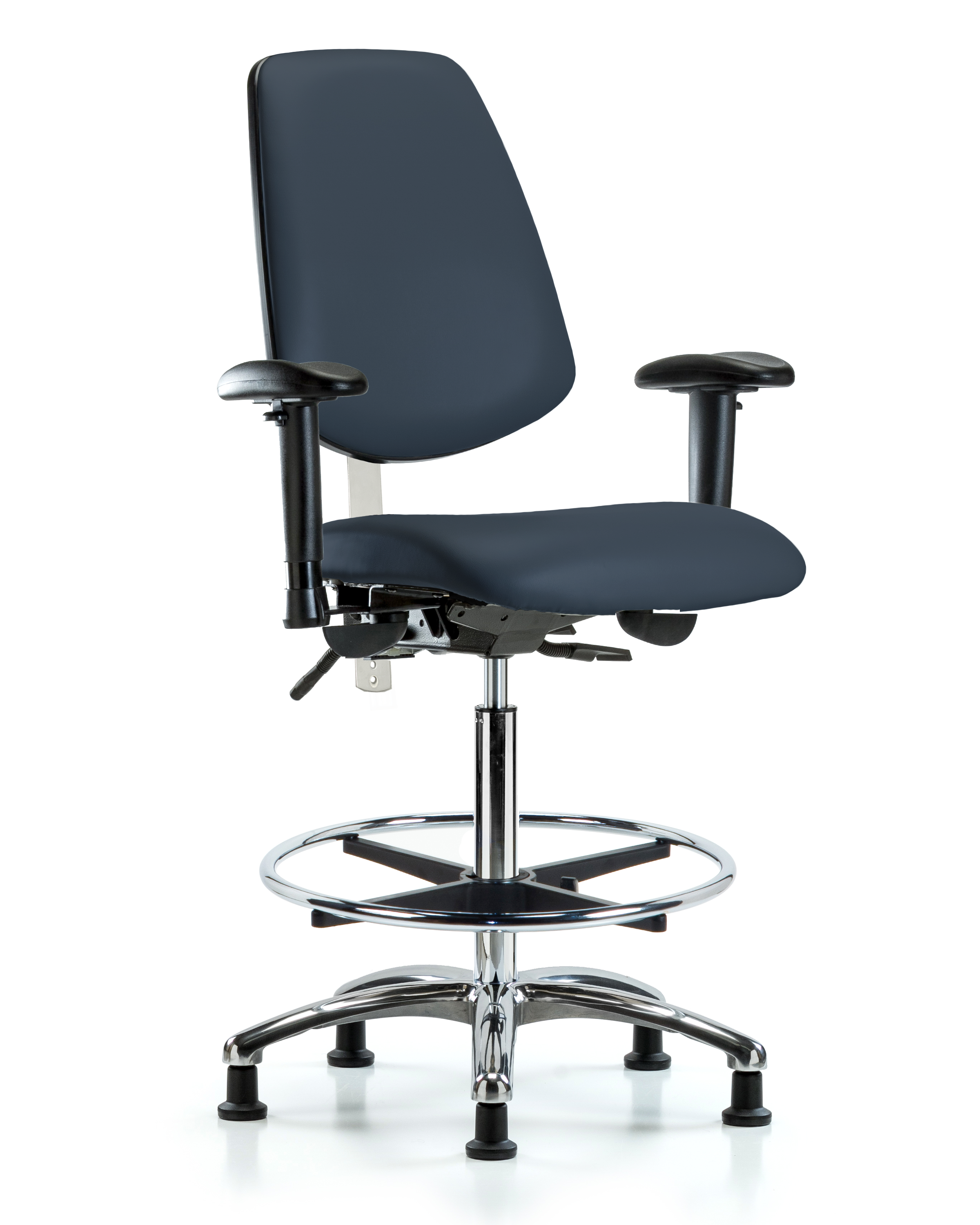 CL100 Vinyl Clean Room Chair - High Bench Height with Medium Back, Seat Tilt, Adjustable Arms, Chrome Foot Ring, & Stationary Glides in Taupe Trailblazer Vinyl