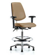 CL100 Vinyl Clean Room Chair - High Bench Height with Medium Back, Seat Tilt, Adjustable Arms, Chrome Foot Ring, & Stationary Glides in Taupe Trailblazer Vinyl