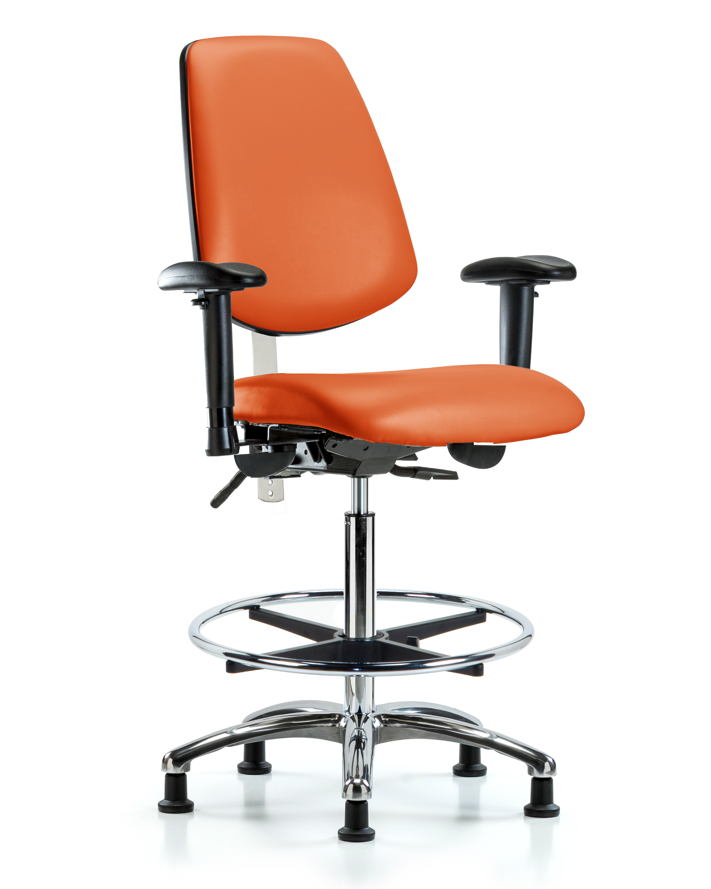 CL100 Vinyl Clean Room Chair - High Bench Height with Medium Back, Seat Tilt, Adj Arms, Chrome Foot Ring, & Stationary Glides in Orange Kist Trailblazer Vinyl