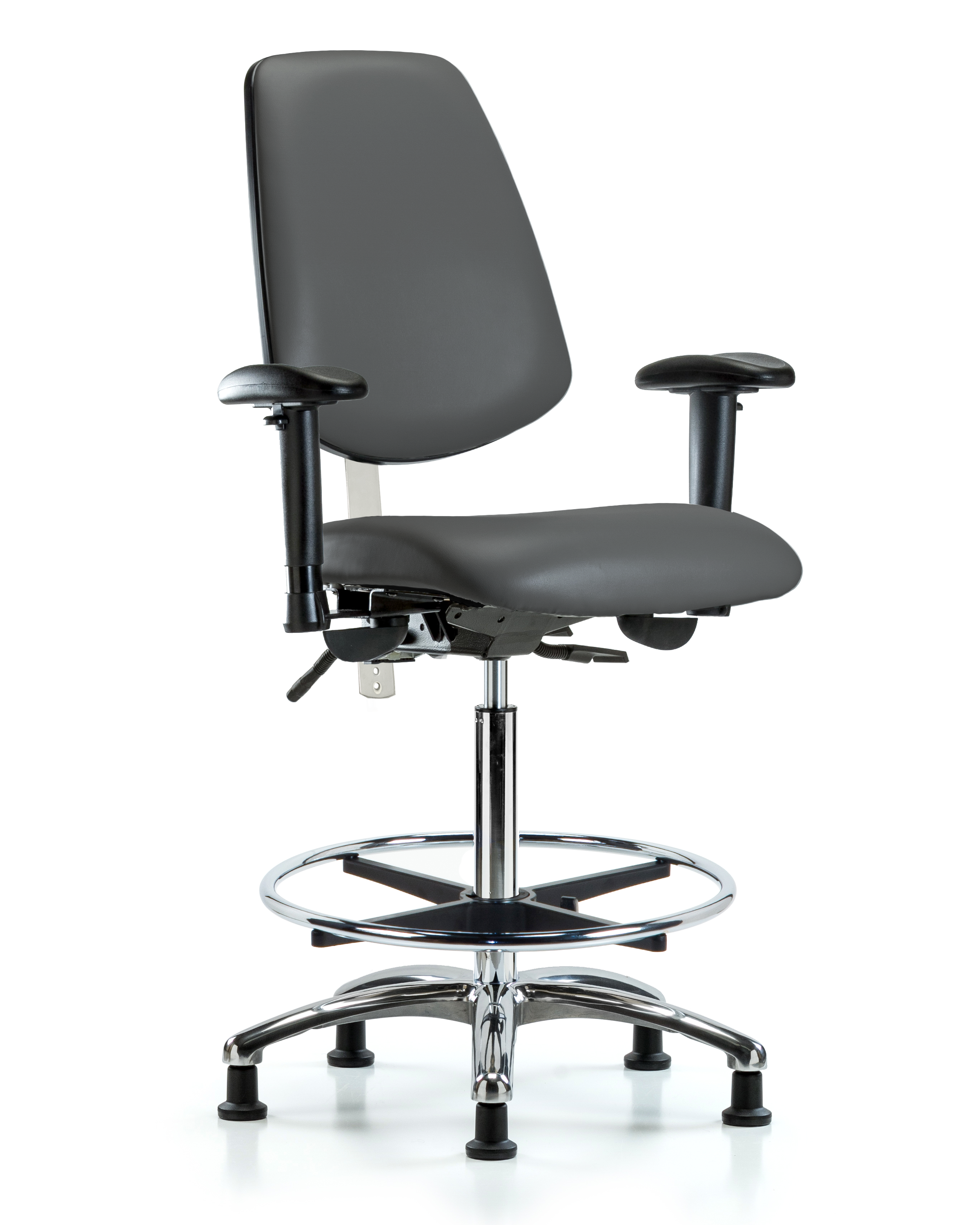 CL100 Vinyl Clean Room Chair - High Bench Height with Medium Back, Seat Tilt, Adjustable Arms, Chrome Foot Ring, & Stationary Glides in Storm Supernova Vinyl