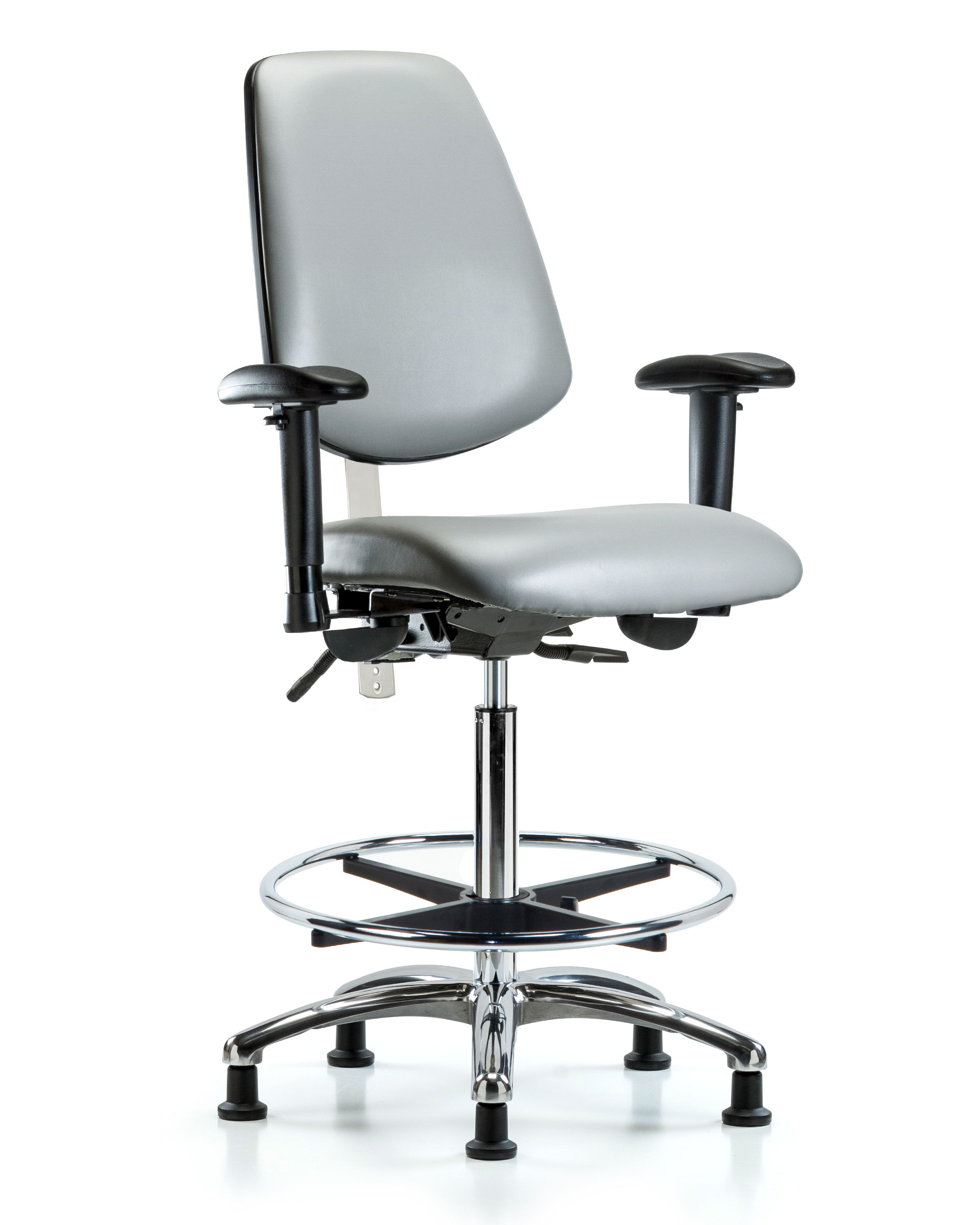 CL100 Vinyl Clean Room Chair - High Bench Height with Medium Back, Seat Tilt, Adjustable Arms, Chrome Foot Ring, & Stationary Glides in Sterling Supernova Vinyl