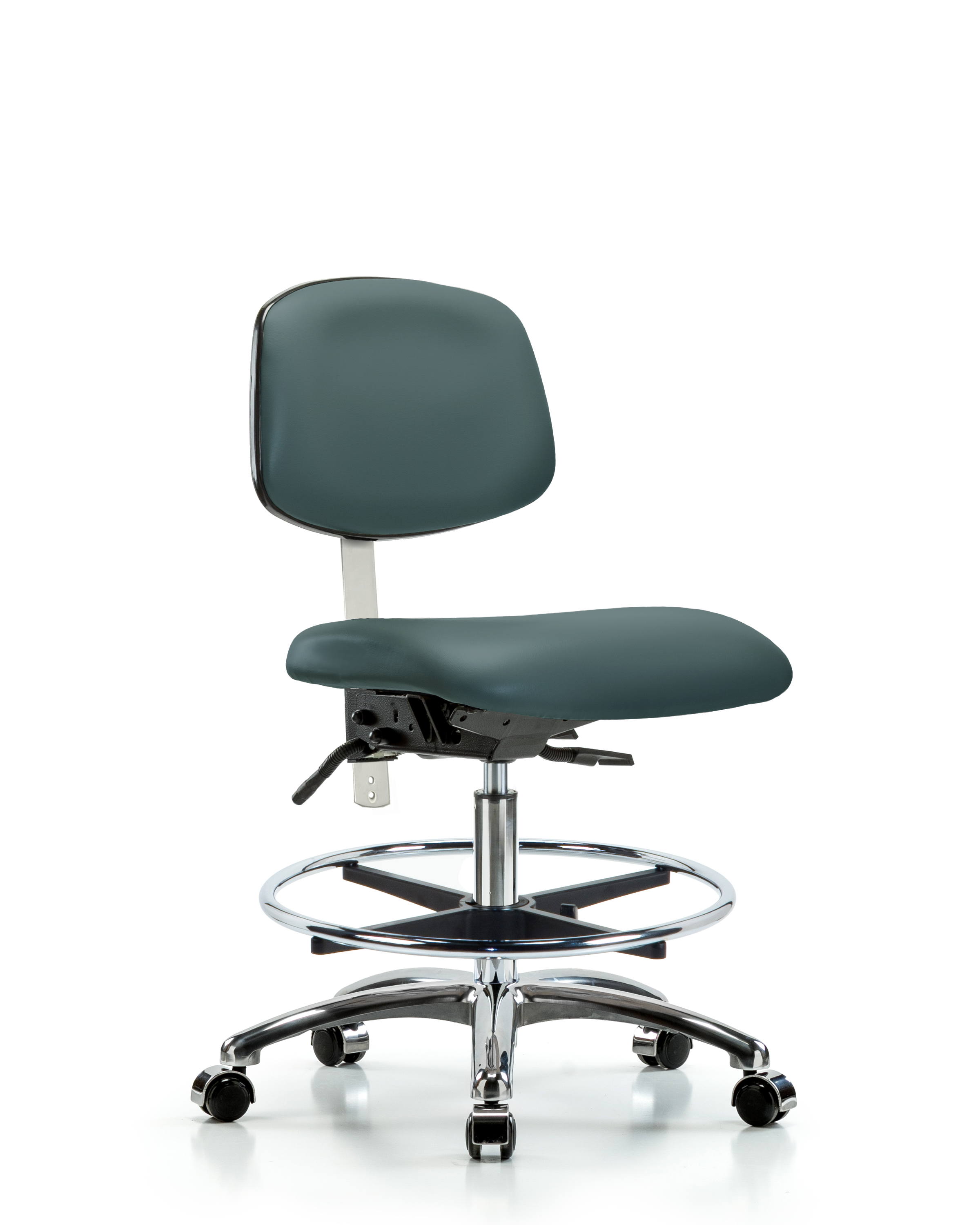 Class 100 Vinyl Clean Room Chair - Medium Bench Height with Chrome Foot Ring & Casters in Colonial Blue Trailblazer Vinyl