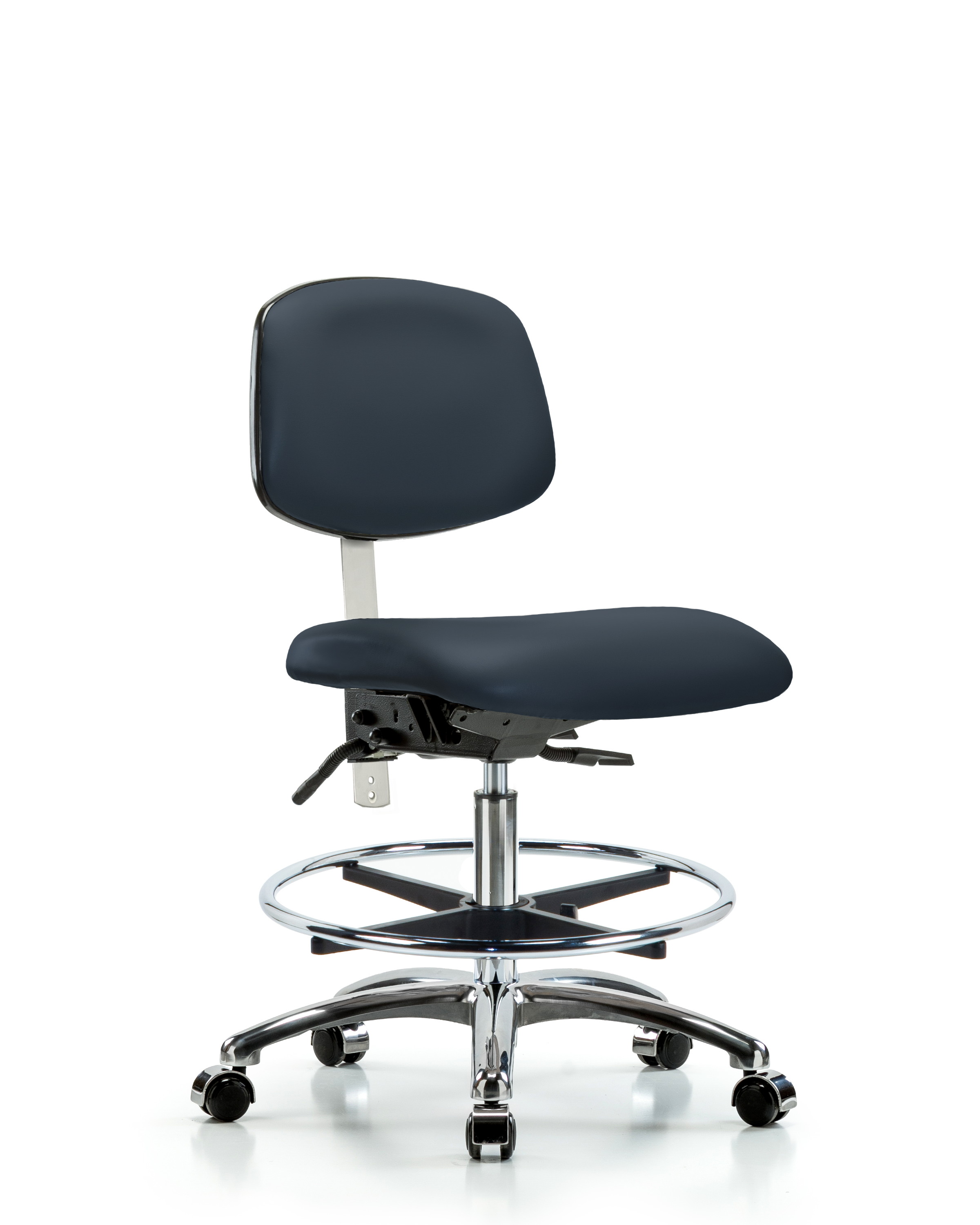 Class 100 Vinyl Clean Room Chair - Medium Bench Height with Chrome Foot Ring & Casters in Imperial Blue Trailblazer Vinyl