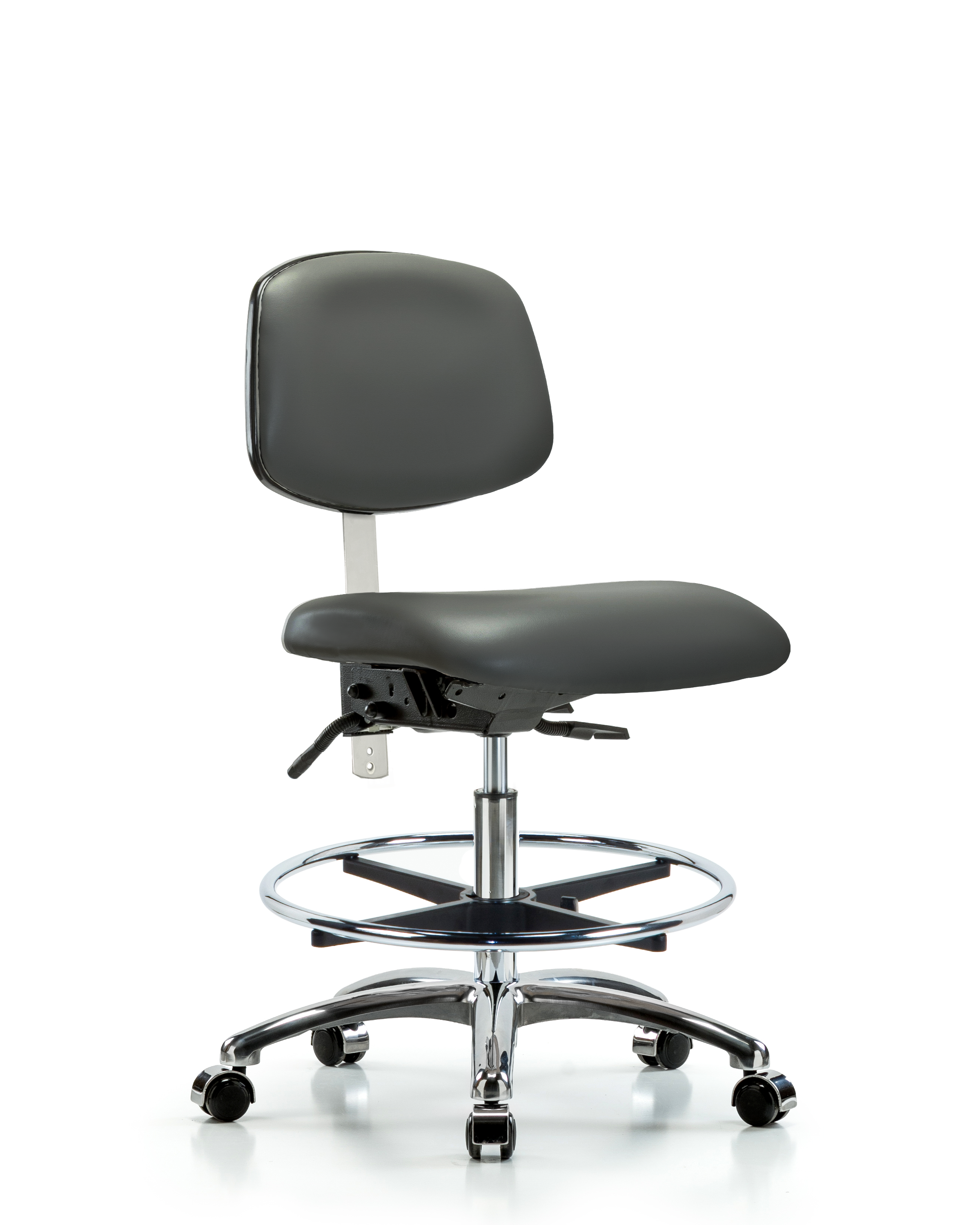 Class 100 Vinyl Clean Room Chair - Medium Bench Height with Chrome Foot Ring & Casters in Carbon Supernova Vinyl