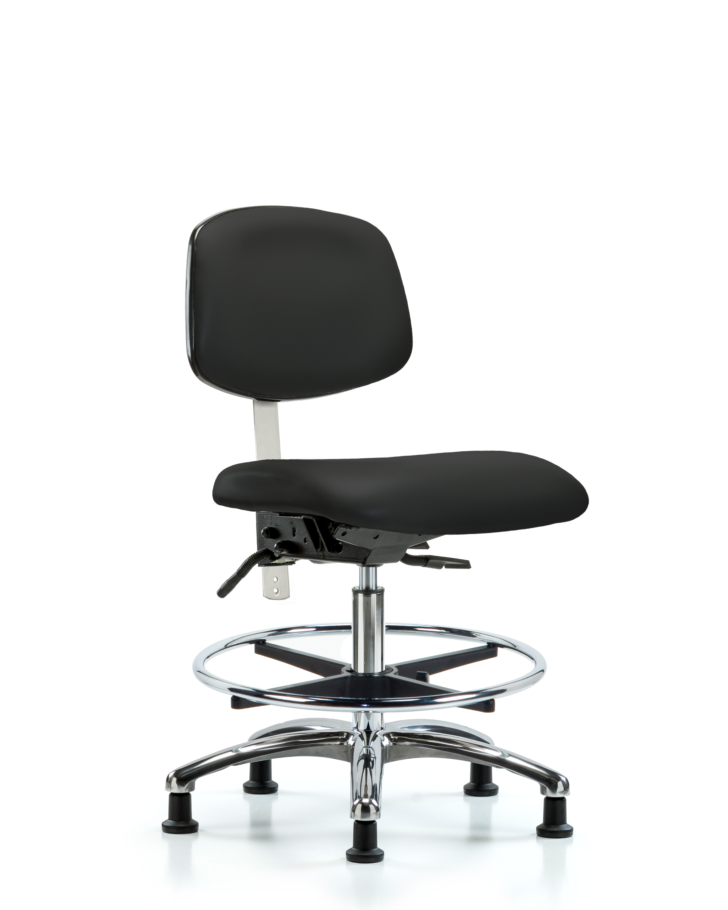 Class 100 Vinyl Clean Room Chair - Medium Bench Height with Chrome Foot Ring & Stationary Glides in Black Trailblazer Vinyl