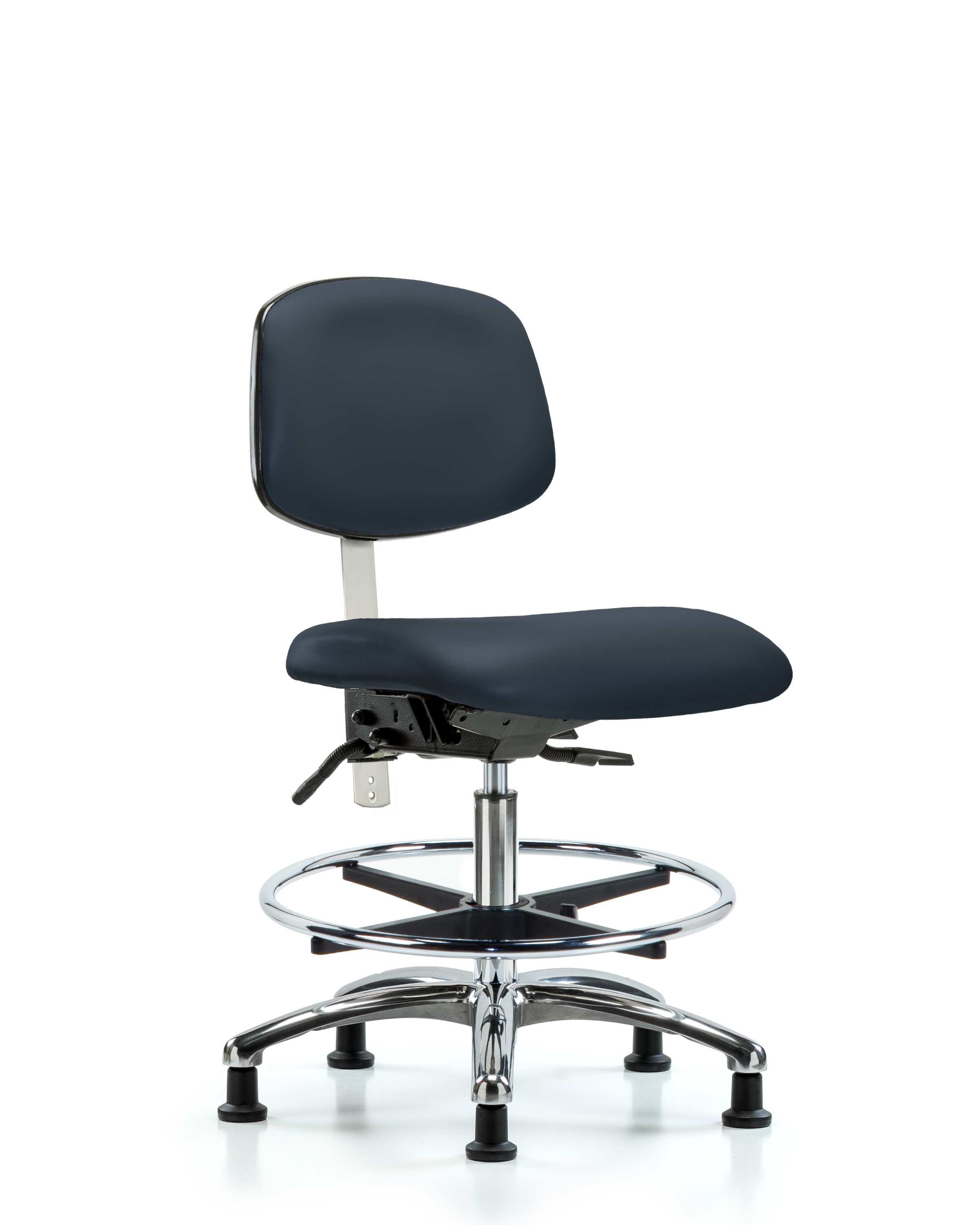 Class 100 Vinyl Clean Room Chair - Medium Bench Height with Chrome Foot Ring & Stationary Glides in Imperial Blue Trailblazer Vinyl