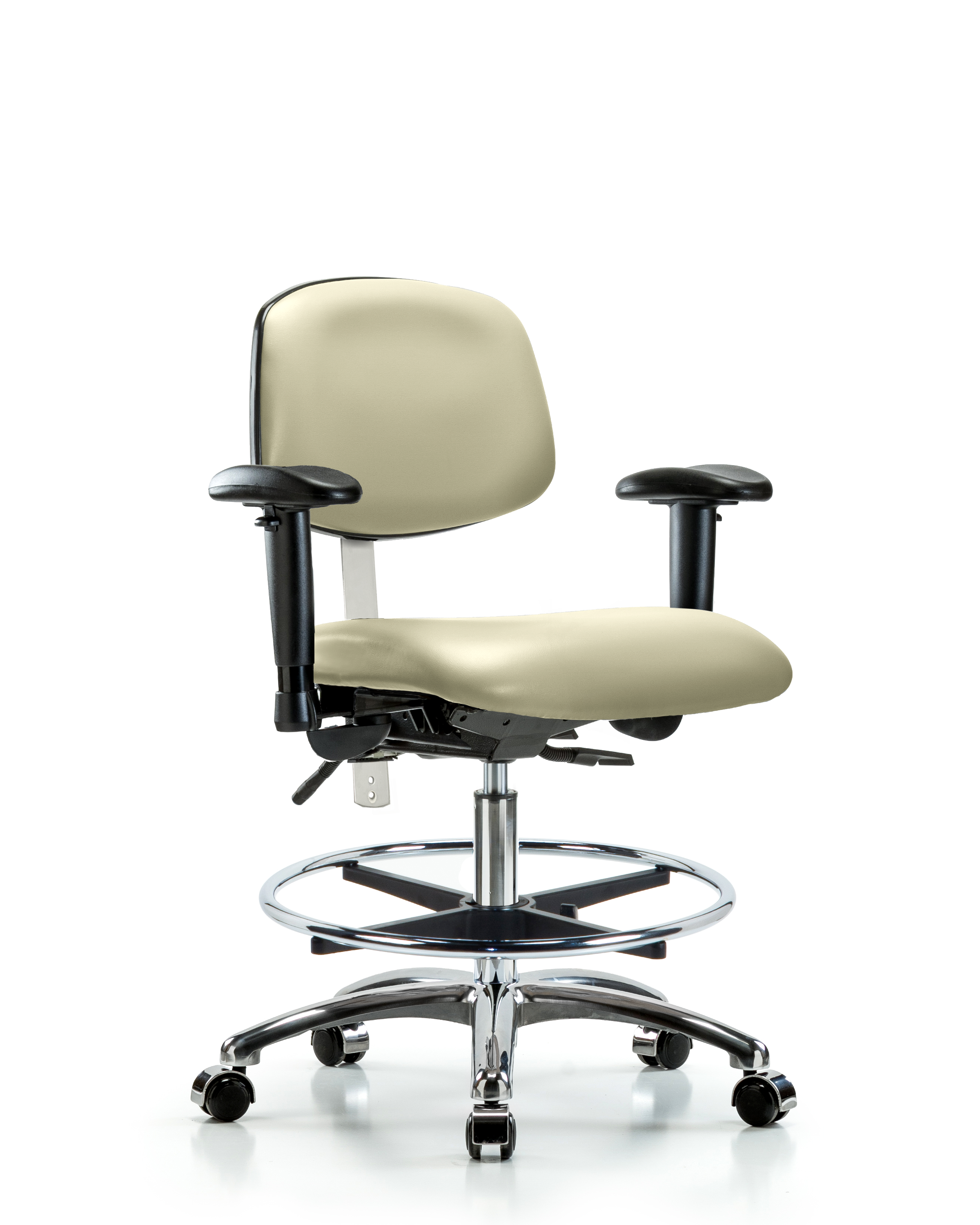 Class 100 Vinyl Clean Room Chair - Medium Bench Height with Adjustable Arms, Chrome Foot Ring, & Casters in Adobe White Trailblazer Vinyl
