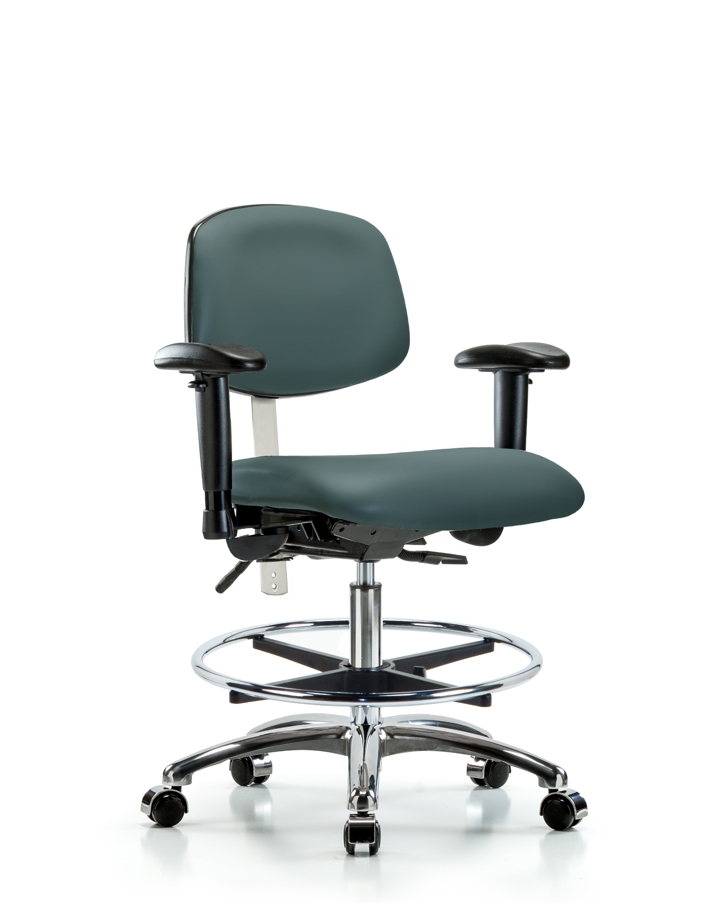 Class 100 Vinyl Clean Room Chair - Medium Bench Height with Adjustable Arms, Chrome Foot Ring, & Casters in Colonial Blue Trailblazer Vinyl