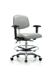 Class 100 Vinyl Clean Room Chair - Medium Bench Height with Adjustable Arms, Chrome Foot Ring, & Casters in Dove Trailblazer Vinyl