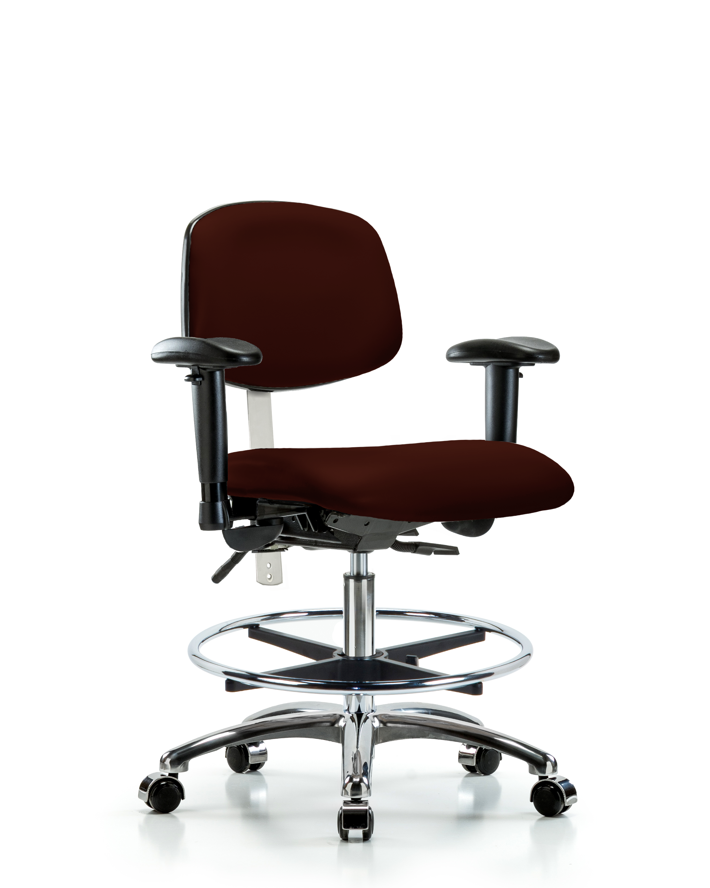 Class 100 Vinyl Clean Room Chair - Medium Bench Height with Adjustable Arms, Chrome Foot Ring, & Casters in Burgundy Trailblazer Vinyl