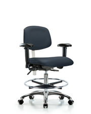 Class 100 Vinyl Clean Room Chair - Medium Bench Height with Adjustable Arms, Chrome Foot Ring, & Casters in Imperial Blue Trailblazer Vinyl