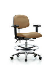Class 100 Vinyl Clean Room Chair - Medium Bench Height with Adjustable Arms, Chrome Foot Ring, & Casters in Taupe Trailblazer Vinyl