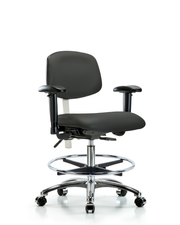 Class 100 Vinyl Clean Room Chair - Medium Bench Height with Adjustable Arms, Chrome Foot Ring, & Casters in Charcoal Trailblazer Vinyl