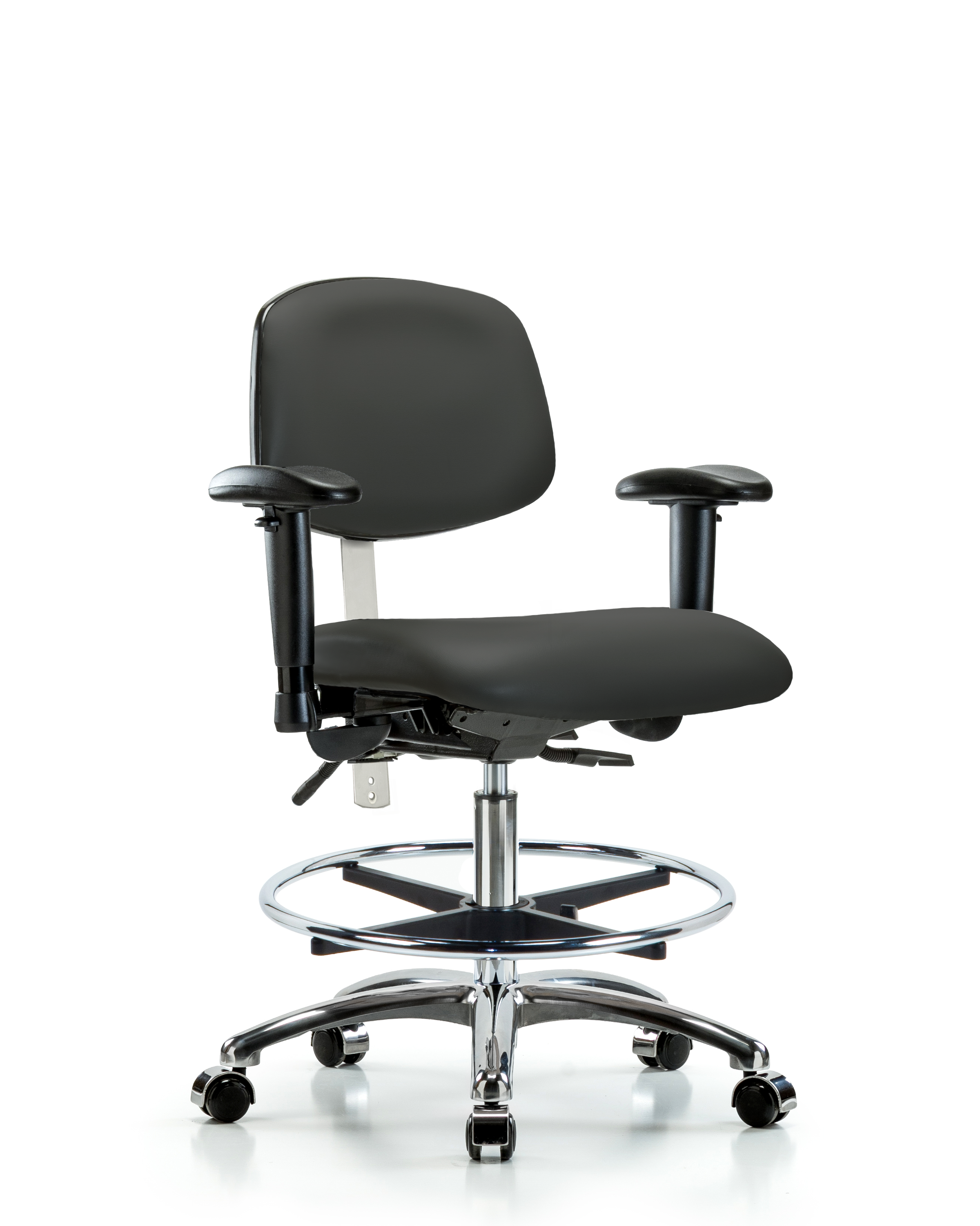 Class 100 Vinyl Clean Room Chair - Medium Bench Height with Adjustable Arms, Chrome Foot Ring, & Casters in Charcoal Trailblazer Vinyl