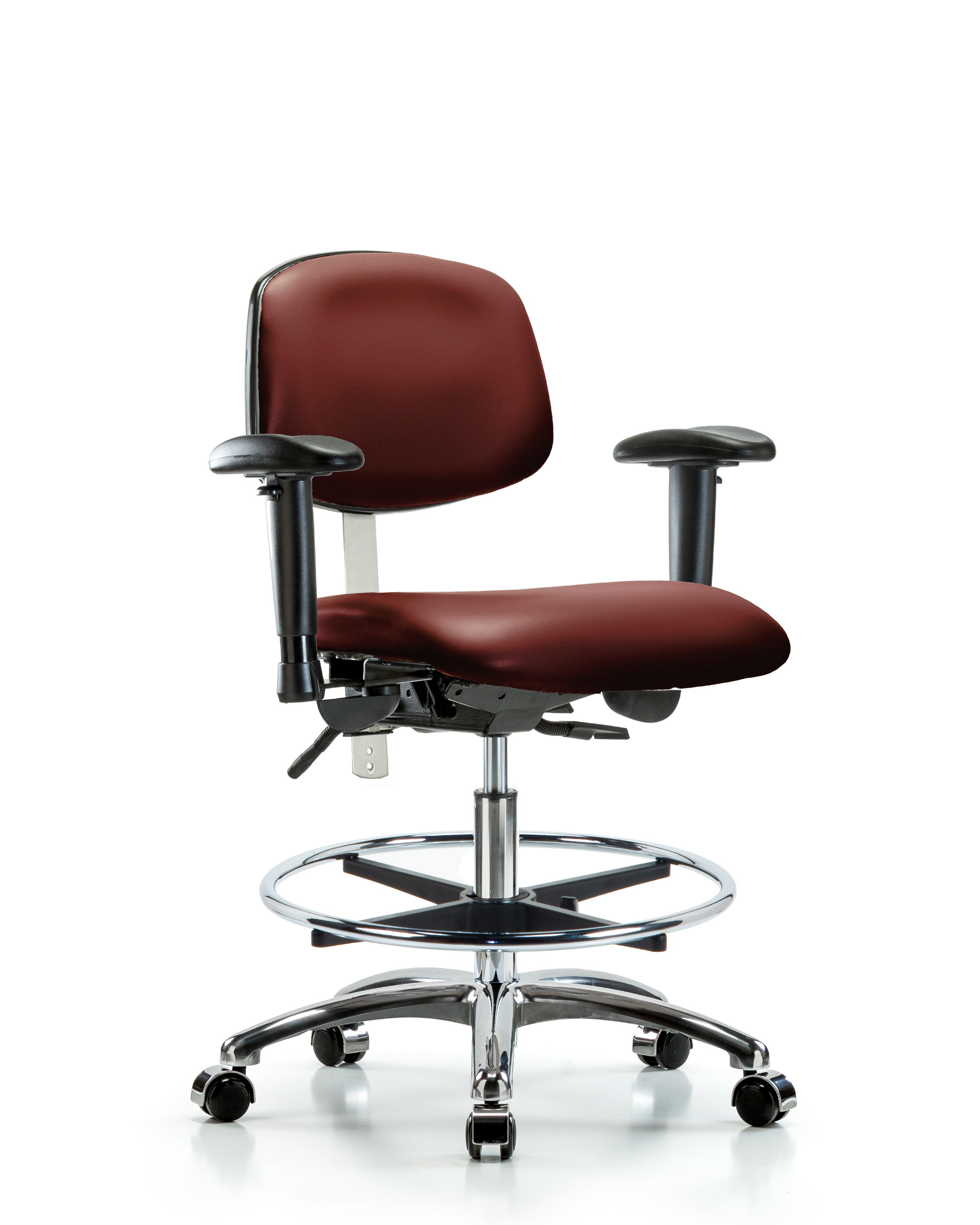 Class 100 Vinyl Clean Room Chair - Medium Bench Height with Adjustable Arms, Chrome Foot Ring, & Casters in Borscht Supernova Vinyl