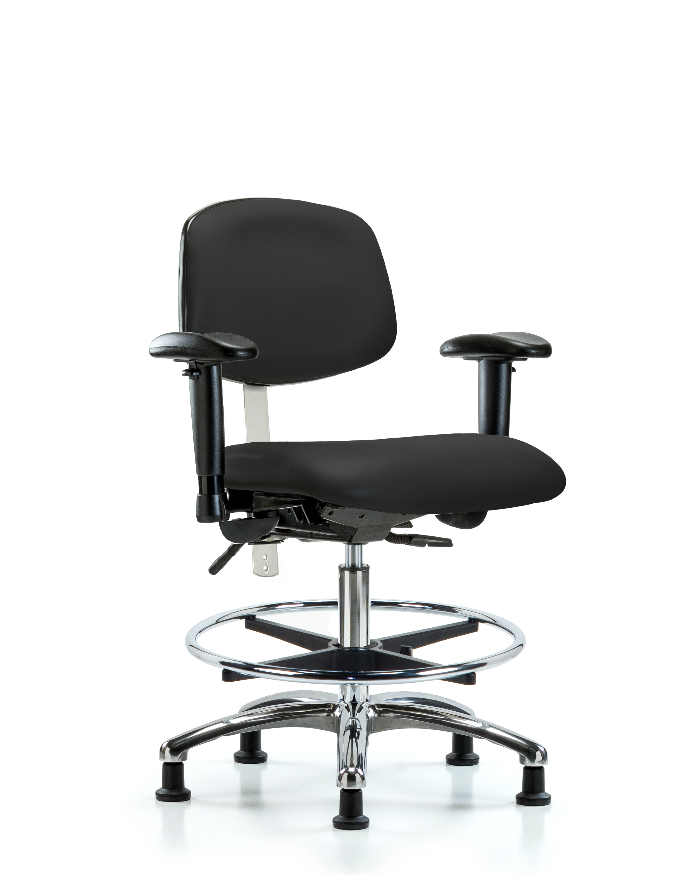 Class 100 Vinyl Clean Room Chair - Medium Bench Height with Adjustable Arms, Chrome Foot Ring, & Stationary Glides in Black Trailblazer Vinyl