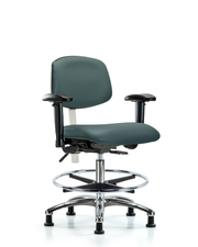 Class 100 Vinyl Clean Room Chair - Medium Bench Height with Adjustable Arms, Chrome Foot Ring, & Stationary Glides in Colonial Blue Trailblazer Vinyl