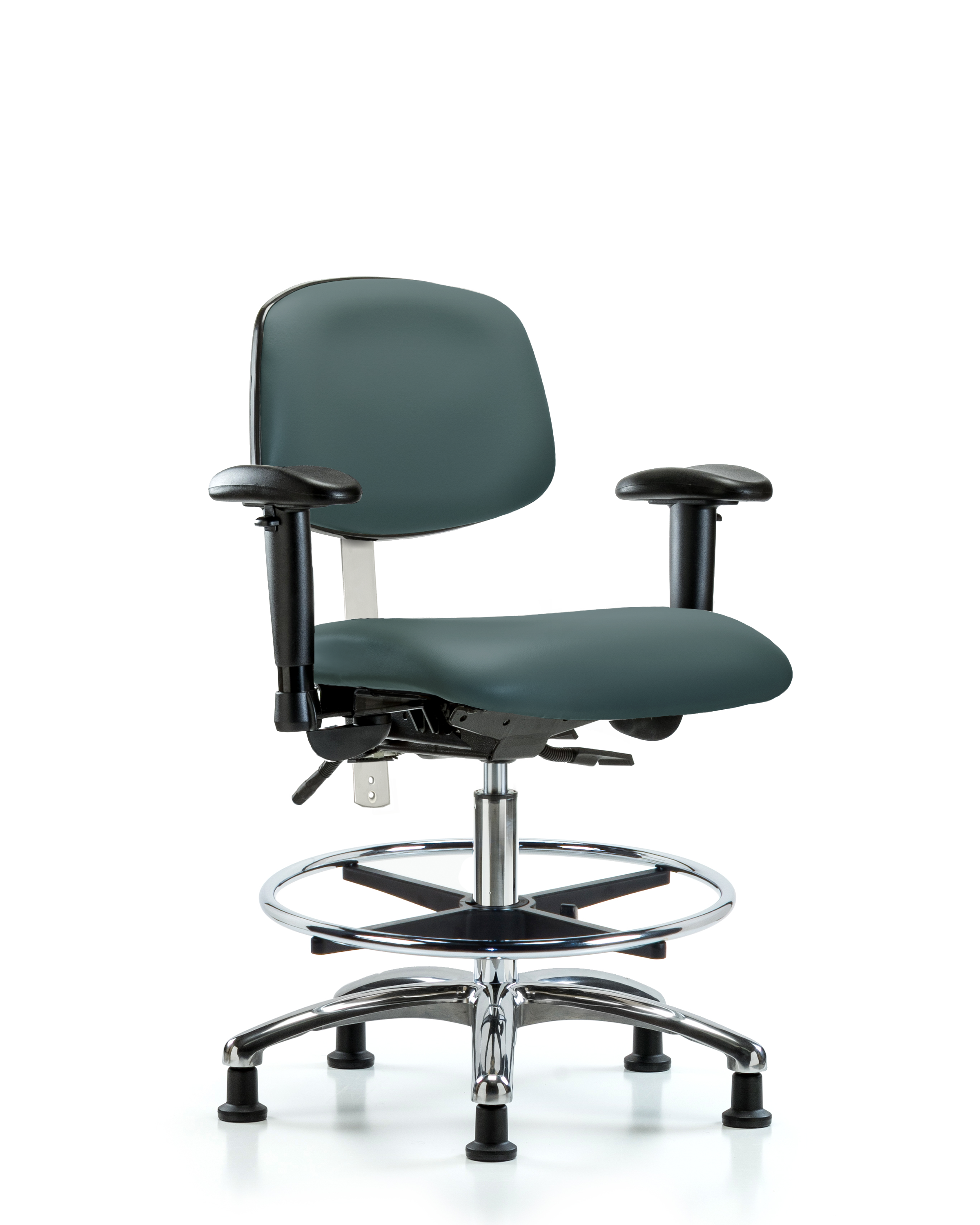 Class 100 Vinyl Clean Room Chair - Medium Bench Height with Adjustable Arms, Chrome Foot Ring, & Stationary Glides in Colonial Blue Trailblazer Vinyl