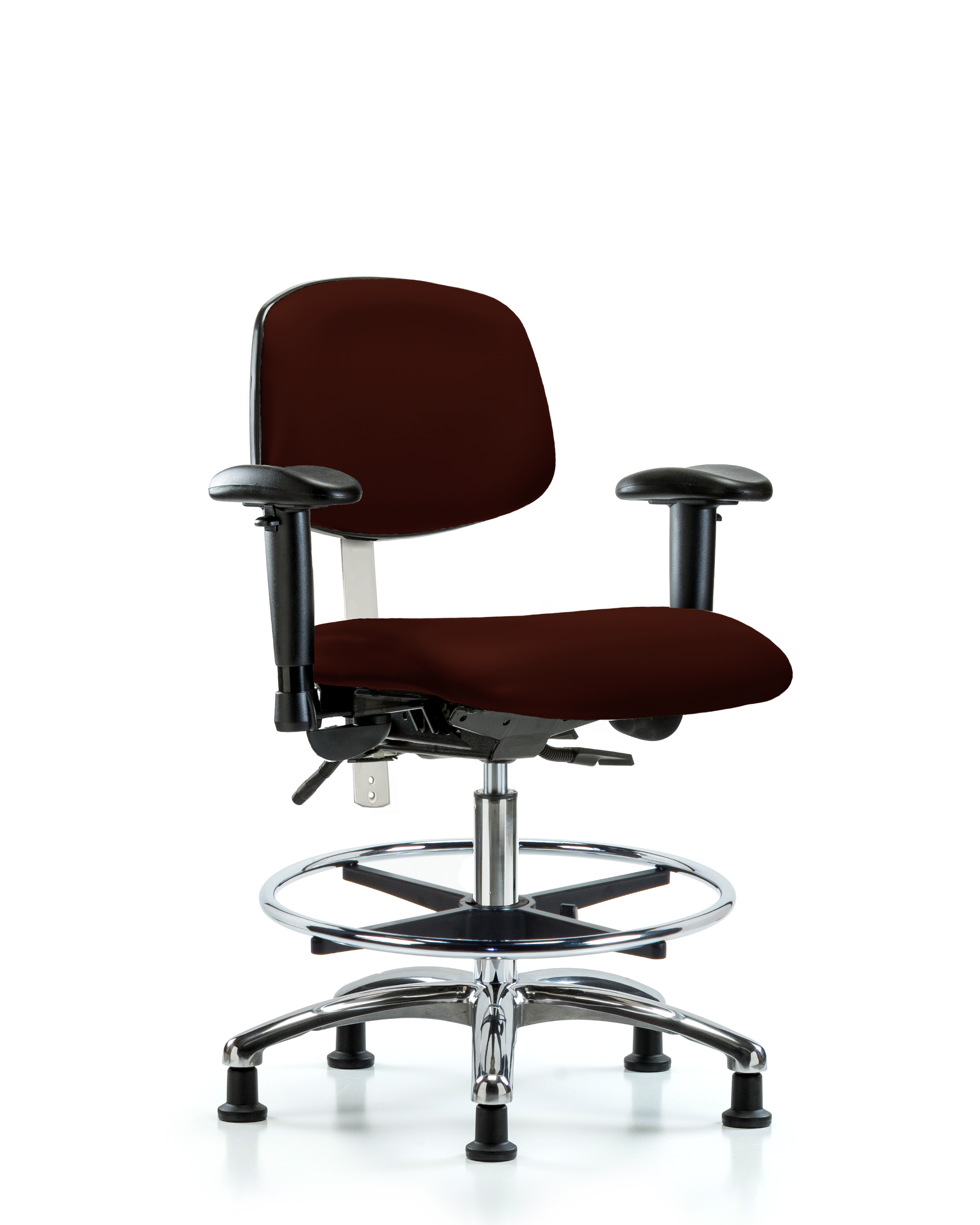 Class 100 Vinyl Clean Room Chair - Medium Bench Height with Adjustable Arms, Chrome Foot Ring, & Stationary Glides in Burgundy Trailblazer Vinyl