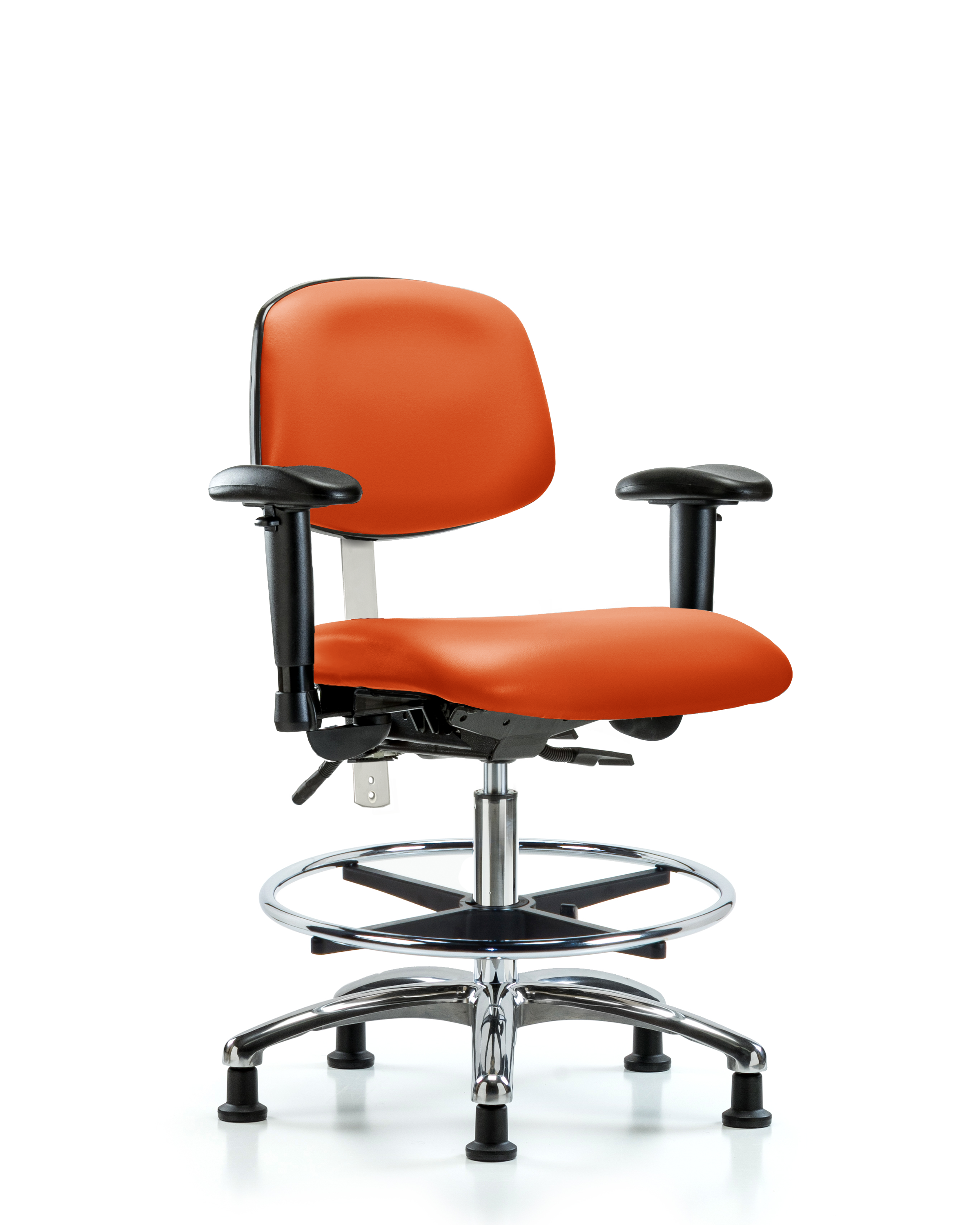 Class 100 Vinyl Clean Room Chair - Medium Bench Height with Adjustable Arms, Chrome Foot Ring, & Stationary Glides in Orange Kist Trailblazer Vinyl