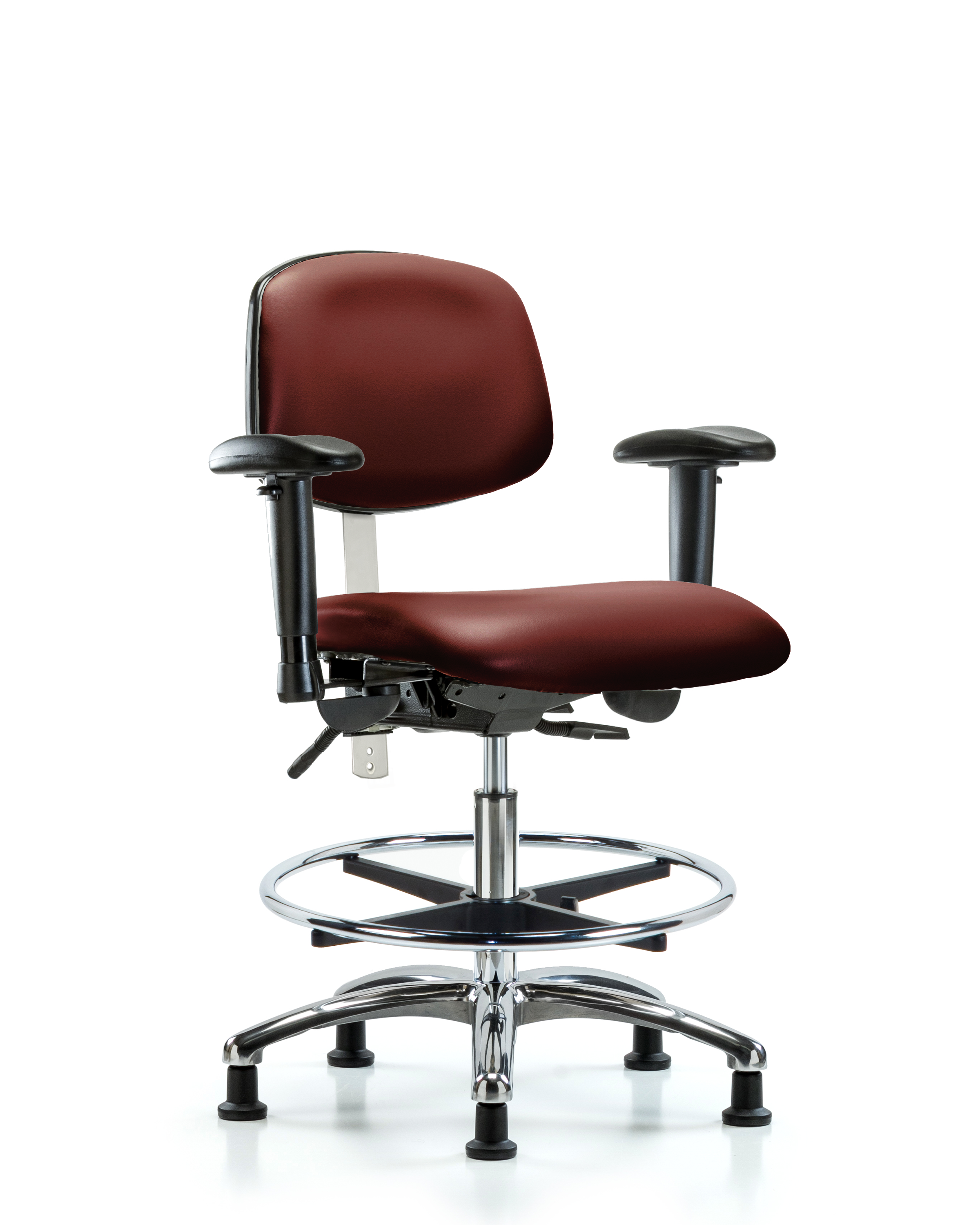 Class 100 Vinyl Clean Room Chair - Medium Bench Height with Adjustable Arms, Chrome Foot Ring, & Stationary Glides in Borscht Supernova Vinyl