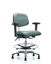 Class 100 Vinyl Clean Room Chair - Medium Bench Height with Adjustable Arms, Chrome Foot Ring, & Stationary Glides in Storm Supernova Vinyl