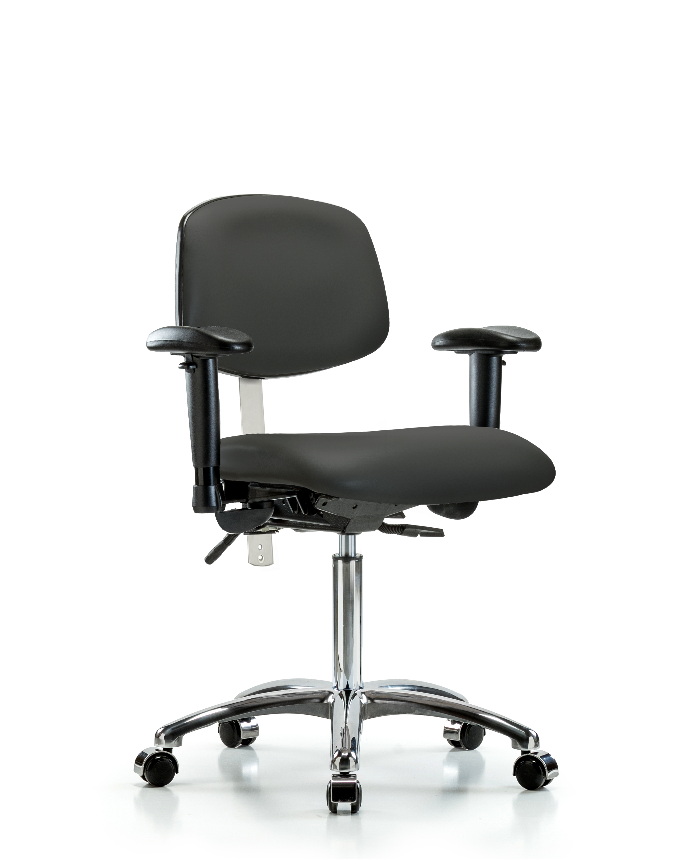 Class 100 Vinyl Clean Room Chair - Medium Bench Height with Adjustable Arms & Casters in Charcoal Trailblazer Vinyl