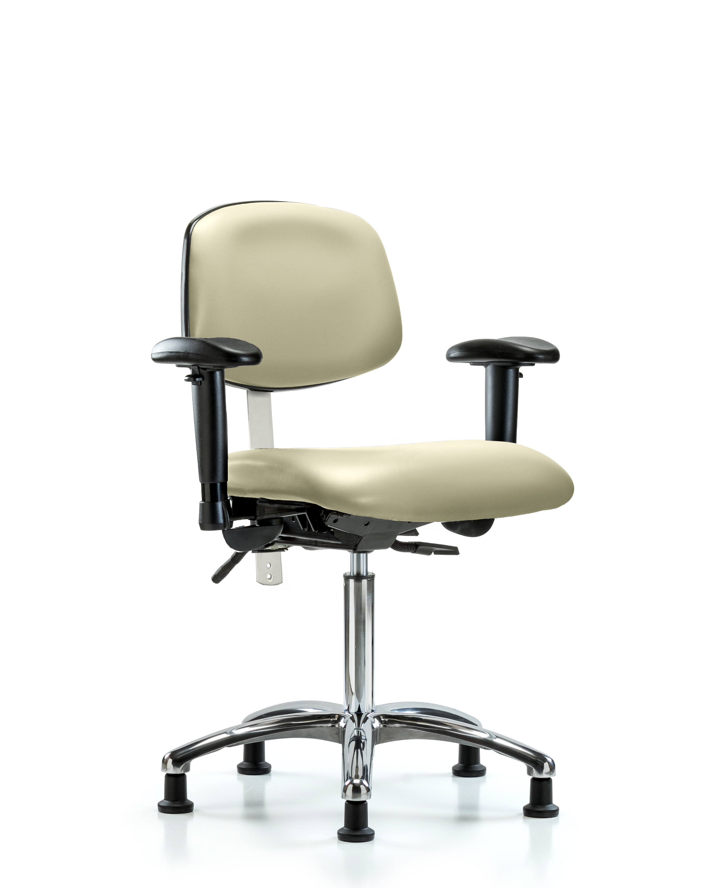 Class 100 Vinyl Clean Room Chair - Medium Bench Height with Adjustable Arms & Stationary Glides in Adobe White Trailblazer Vinyl