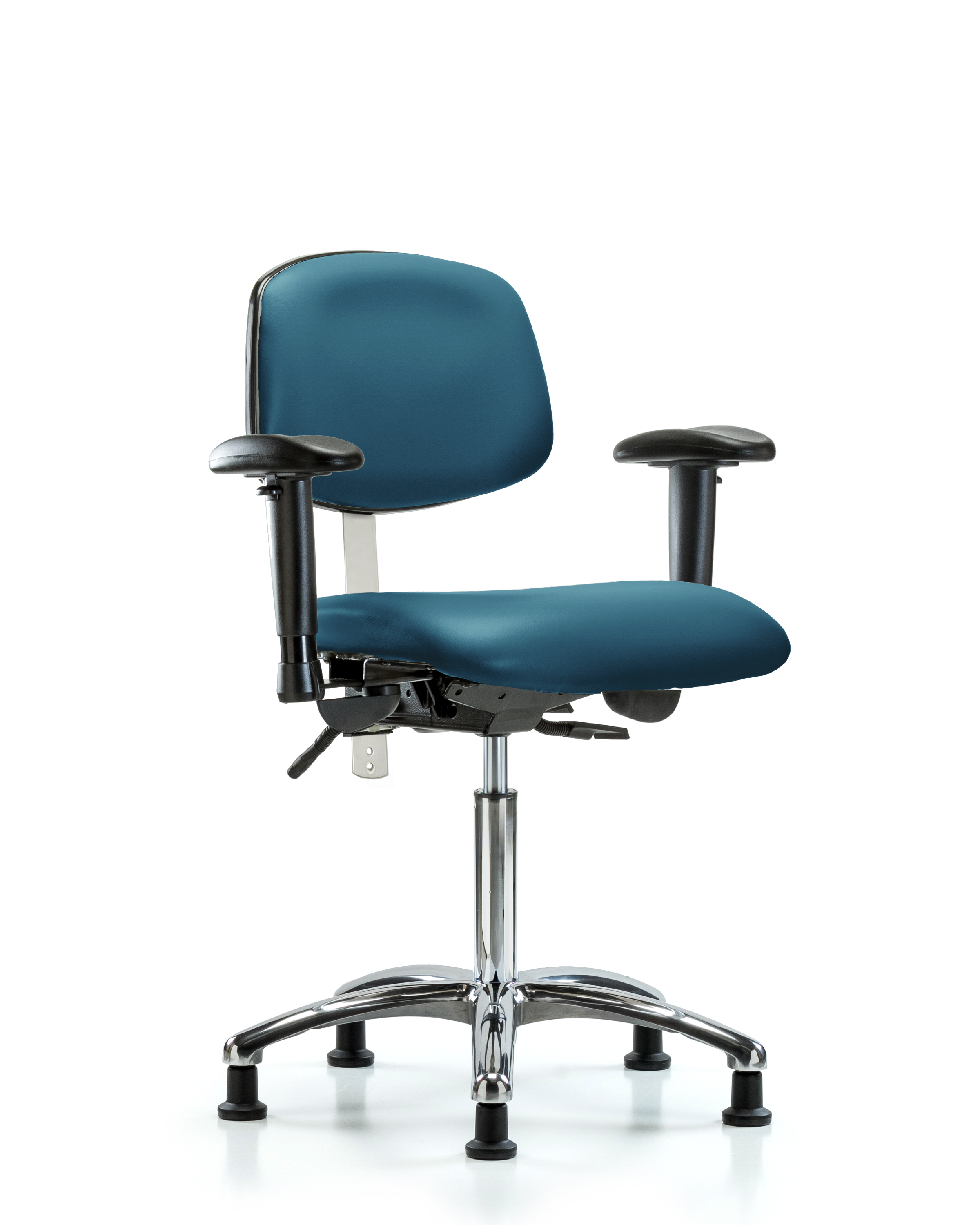 Class 100 Vinyl Clean Room Chair - Medium Bench Height with Adjustable Arms & Stationary Glides in Marine Blue Supernova Vinyl
