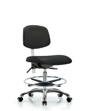 Class 100 Vinyl Clean Room Chair - Medium Bench Height with Seat Tilt, Chrome Foot Ring, & Casters in Black Trailblazer Vinyl