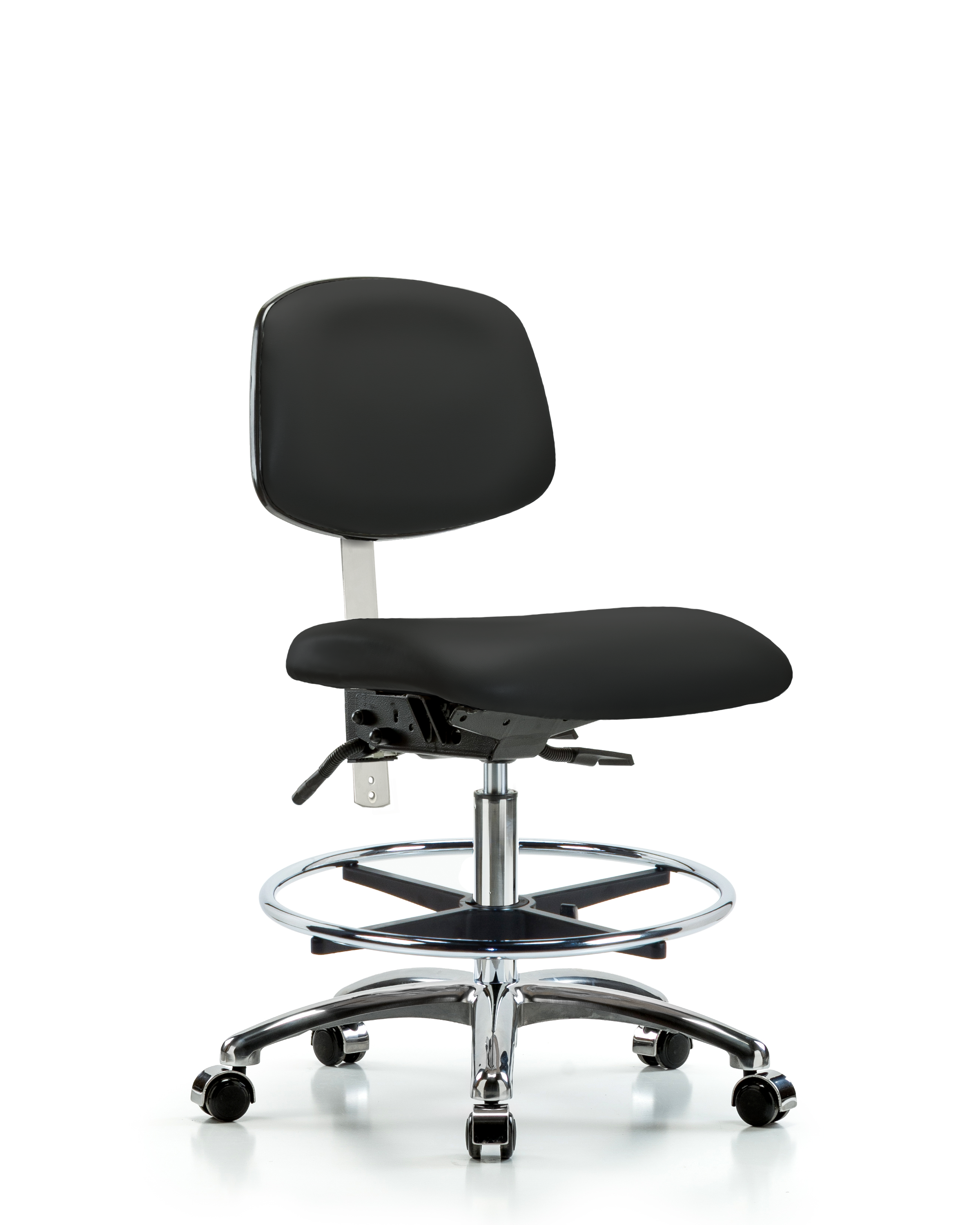 Class 100 Vinyl Clean Room Chair - Medium Bench Height with Seat Tilt, Chrome Foot Ring, & Casters in Black Trailblazer Vinyl