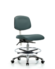 Class 100 Vinyl Clean Room Chair - Medium Bench Height with Seat Tilt, Chrome Foot Ring, & Casters in Colonial Blue Trailblazer Vinyl