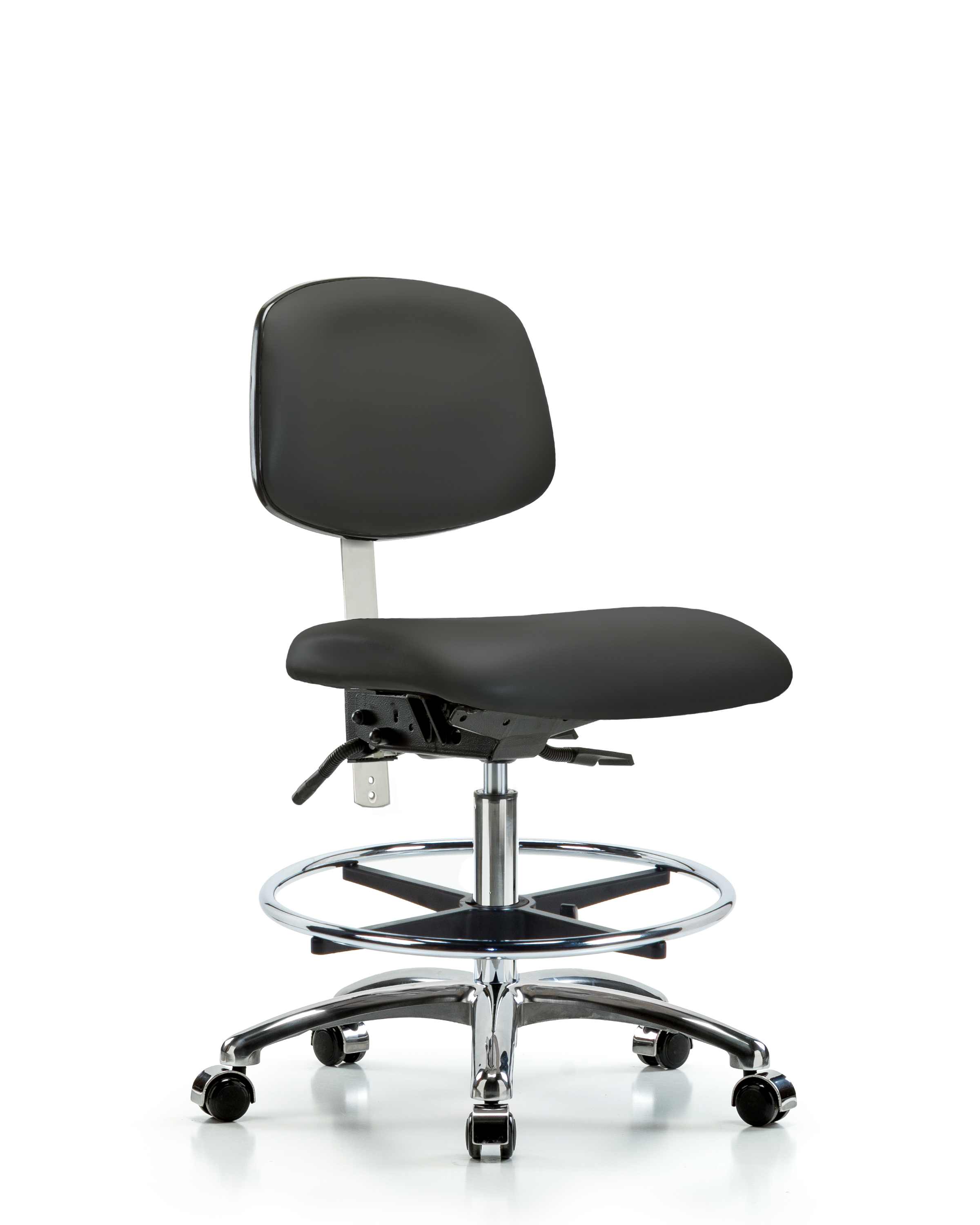Class 100 Vinyl Clean Room Chair - Medium Bench Height with Seat Tilt, Chrome Foot Ring, & Casters in Charcoal Trailblazer Vinyl