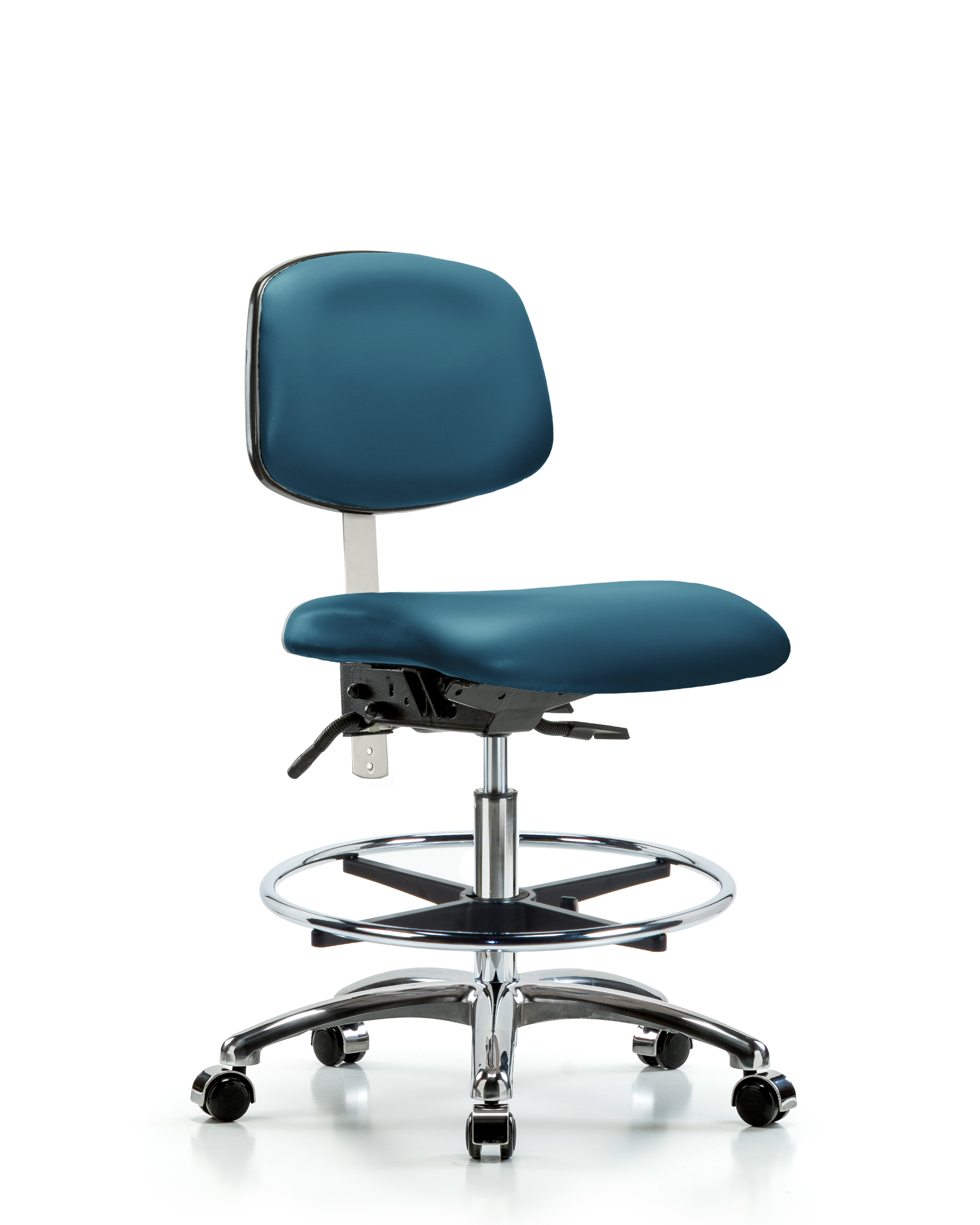 Class 100 Vinyl Clean Room Chair - Medium Bench Height with Seat Tilt, Chrome Foot Ring, & Casters in Marine Blue Supernova Vinyl