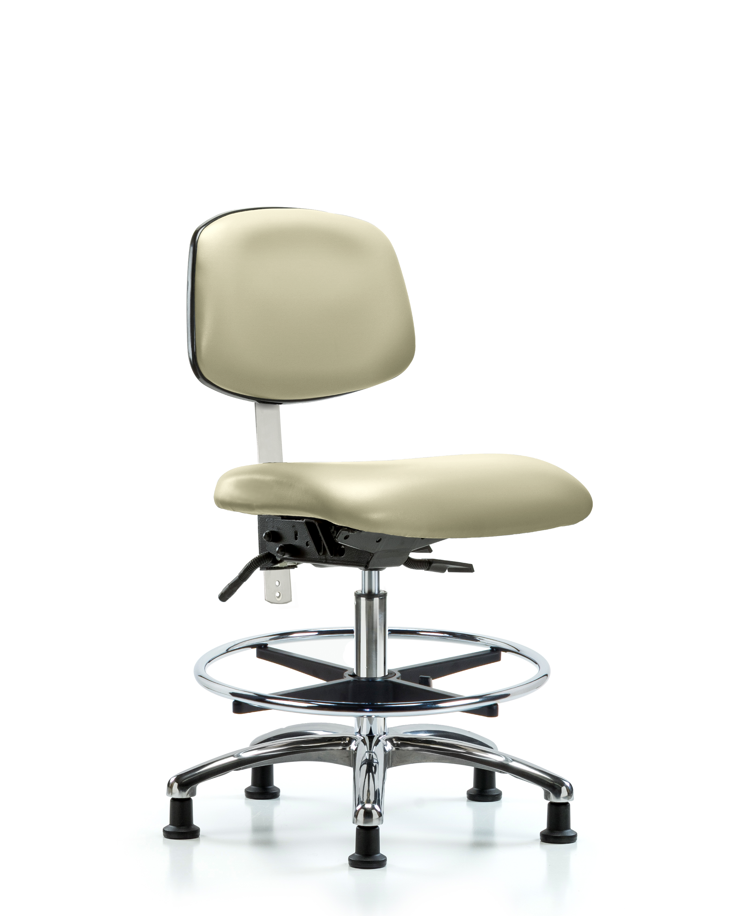 Class 100 Vinyl Clean Room Chair - Medium Bench Height with Seat Tilt, Chrome Foot Ring, & Stationary Glides in Adobe White Trailblazer Vinyl