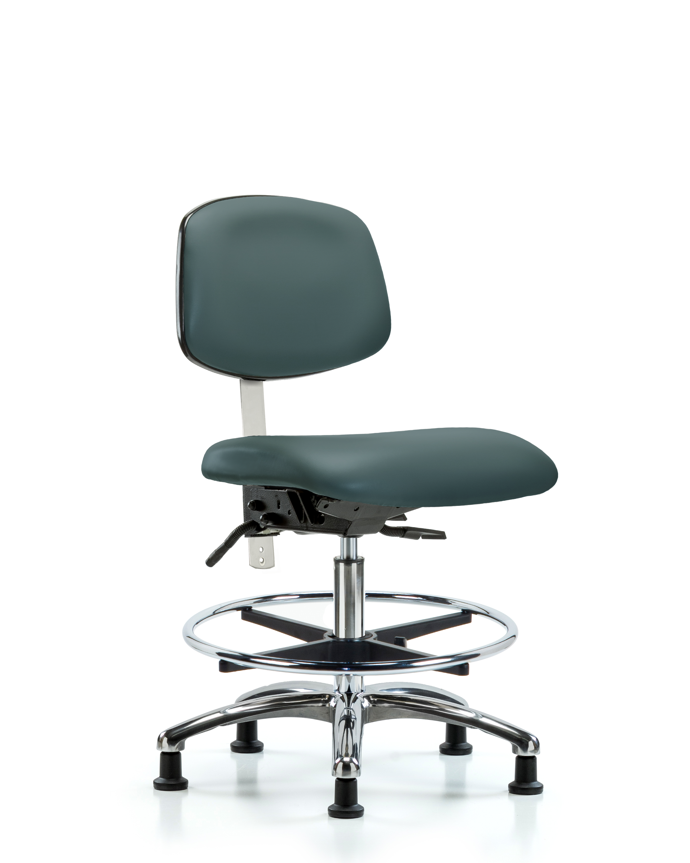 Class 100 Vinyl Clean Room Chair - Medium Bench Height with Seat Tilt, Chrome Foot Ring, & Stationary Glides in Colonial Blue Trailblazer Vinyl